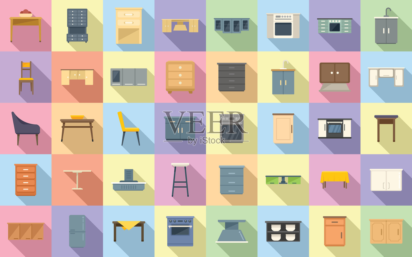 厨房家具图标集平面矢量。公寓舒适感插画图片素材