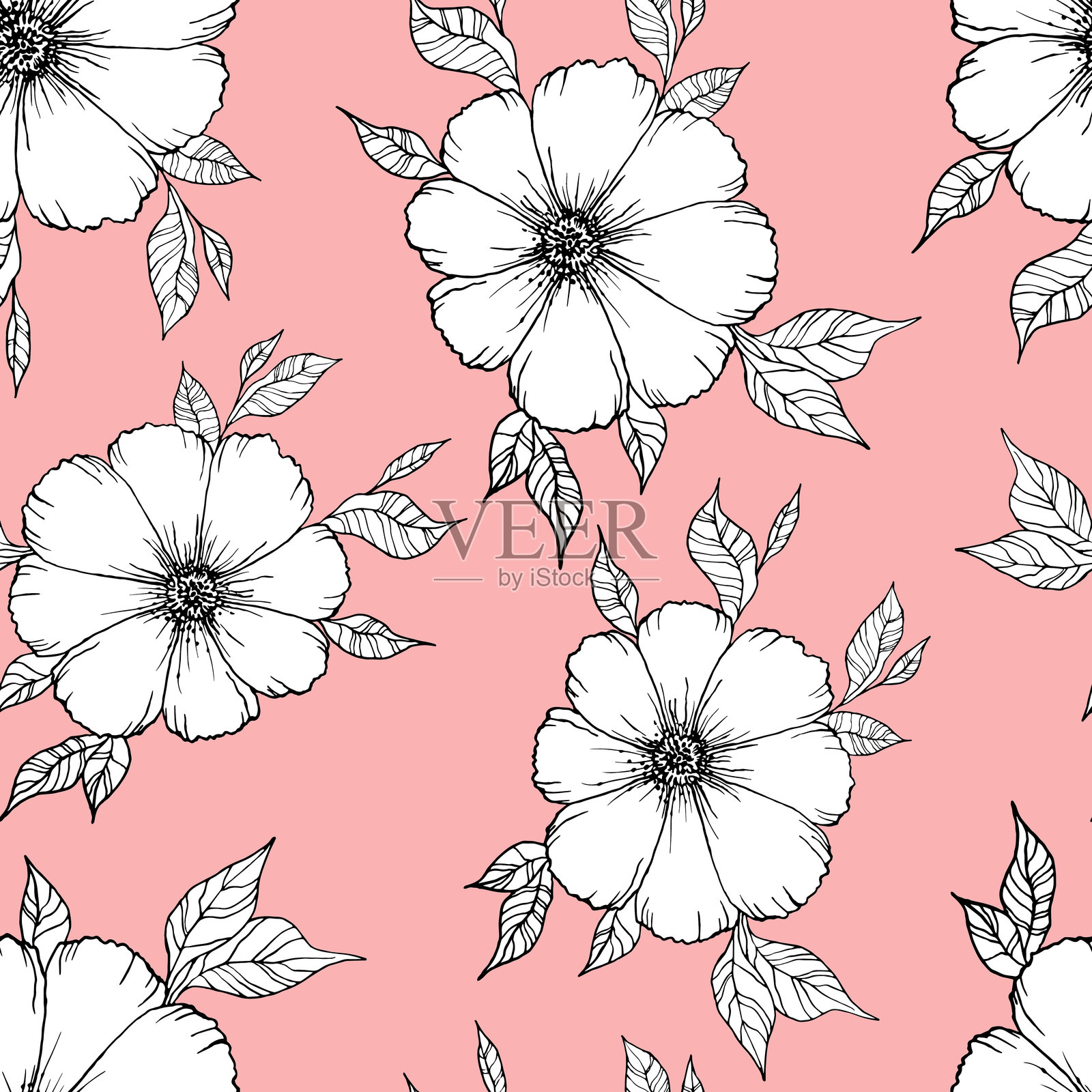 无缝盛开的花卉图案，基于手绘艺术装饰。色彩斑斓的花朵与背景色相映成趣。矢量插图。适用于面料和纺织品的简单极简图案。插画图片素材