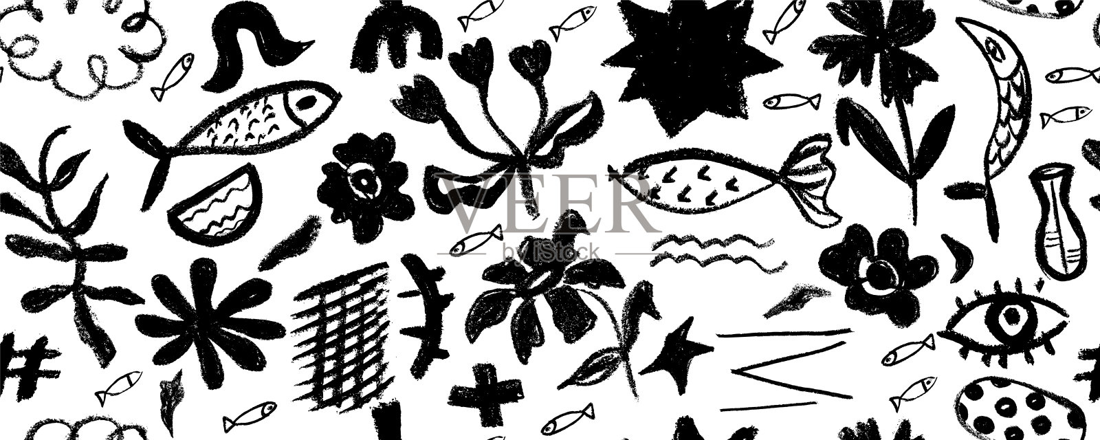 一组手绘的炭笔涂鸦形状和曲线，风格童趣可爱。插画图片素材