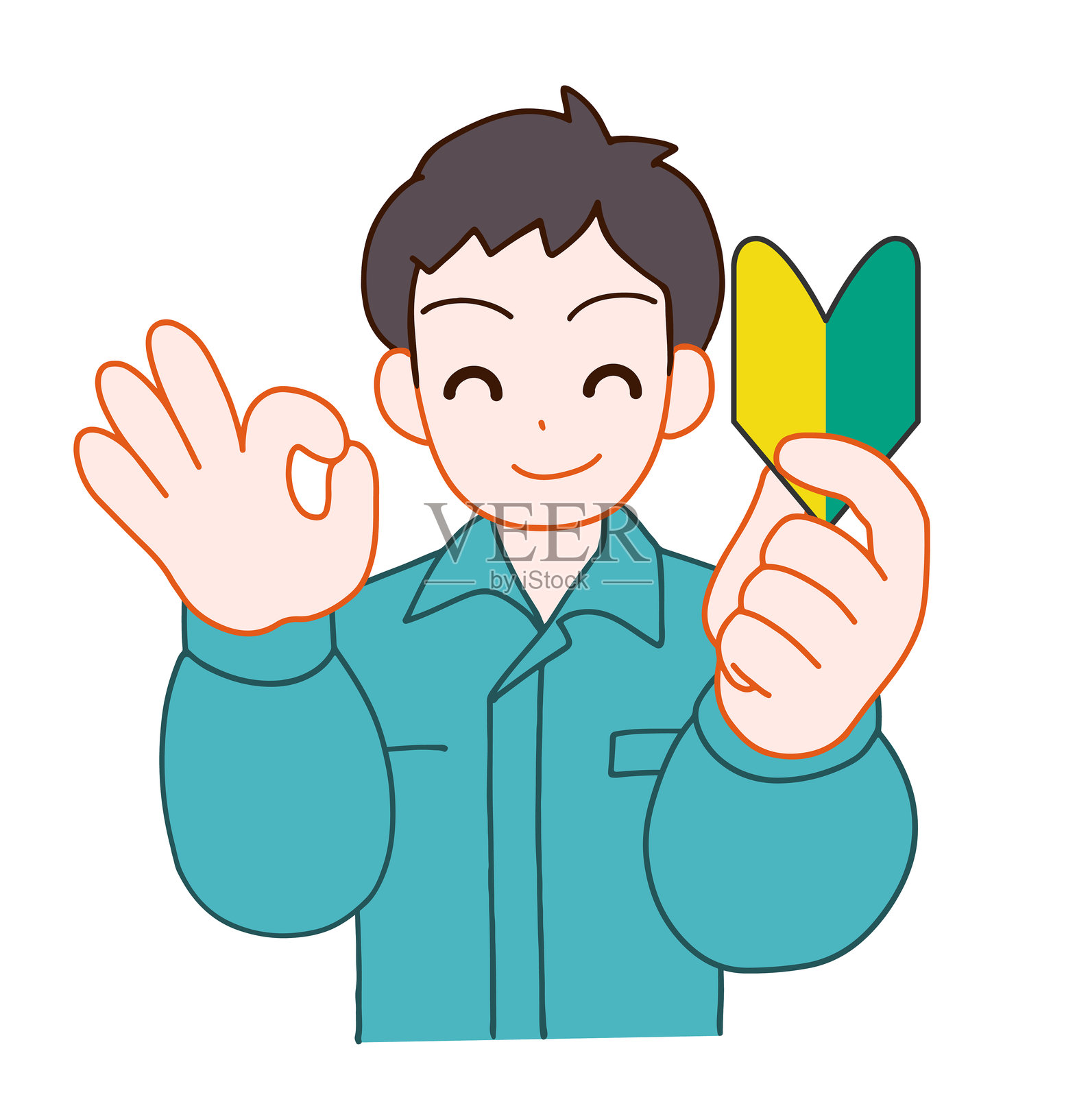 穿着工作服的微笑畸形男子手持初学者标志并做出OK手势的插图插画图片素材