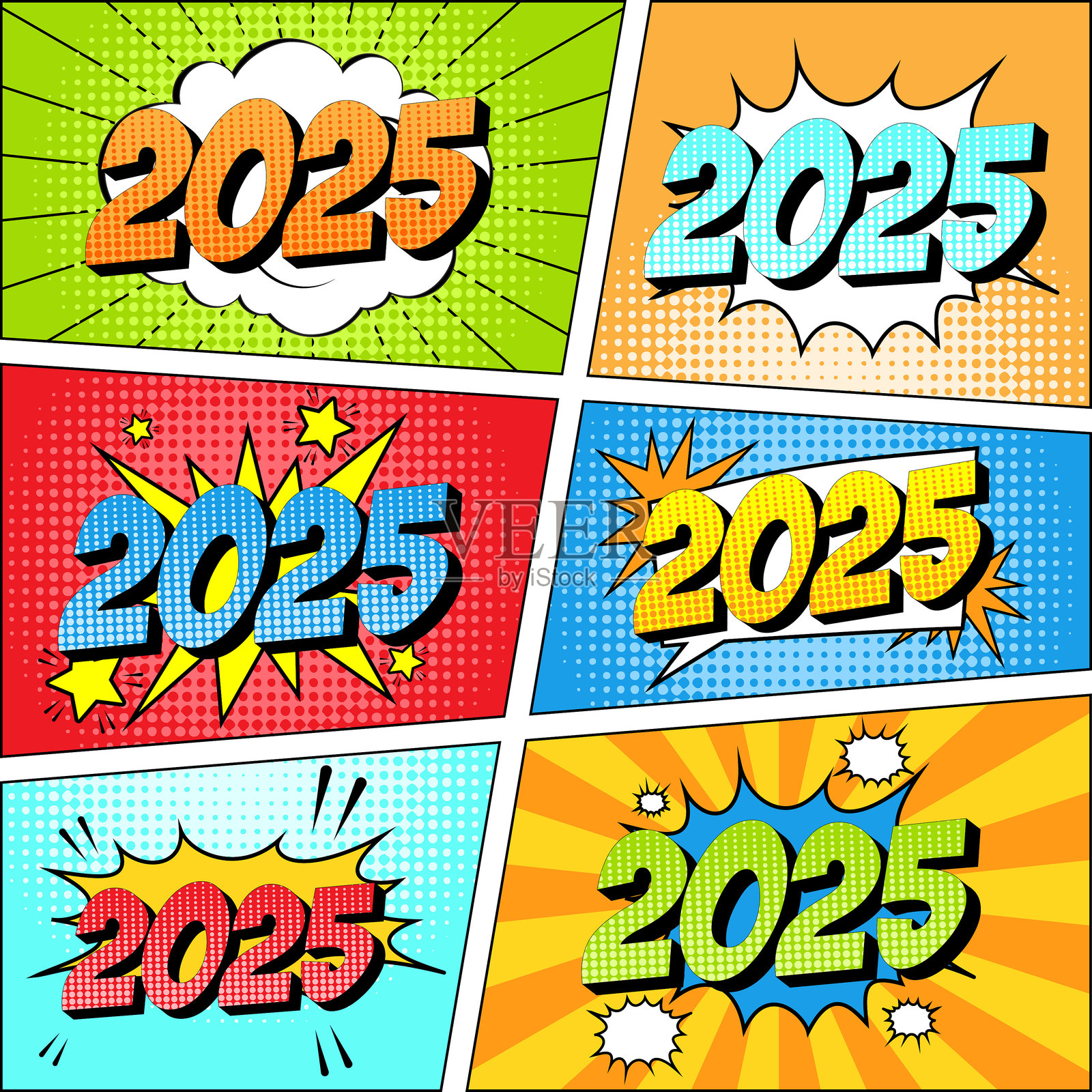 2025年新年色彩缤纷的漫画图标，采用波普艺术风格。插画图片素材