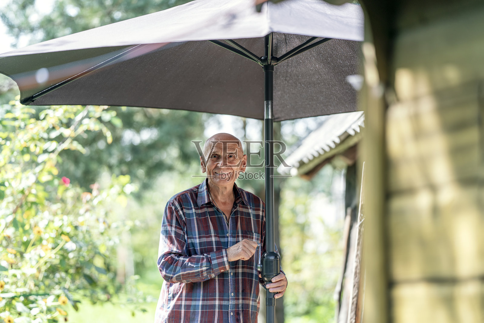 一位年长的男士在阳光明媚的日子里，站在花园伞下，面带愉悦的表情，穿着格子衬衫，四周环绕着绿意盎然的植物。照片摄影图片