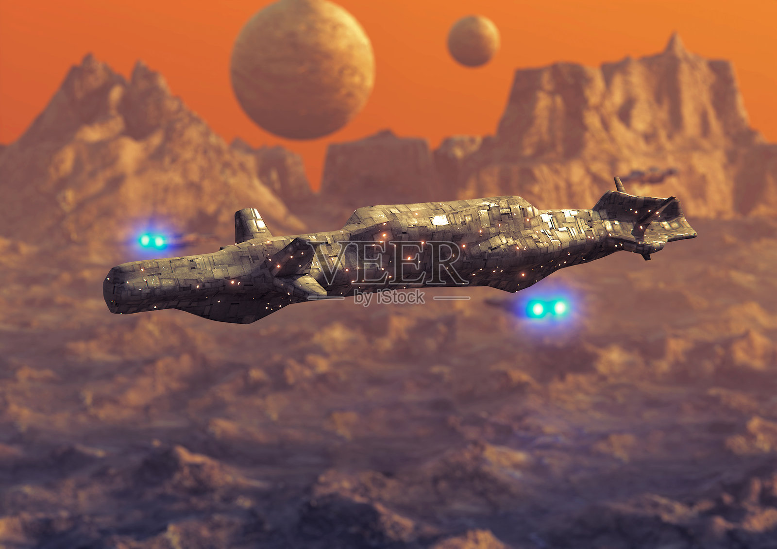 货运飞船飞越行星表面。太空探索概念照片摄影图片