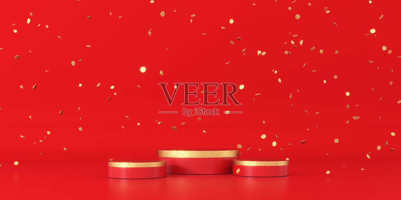 圣诞背景，金色平台和玩具 - 3D渲染。照片摄影图片