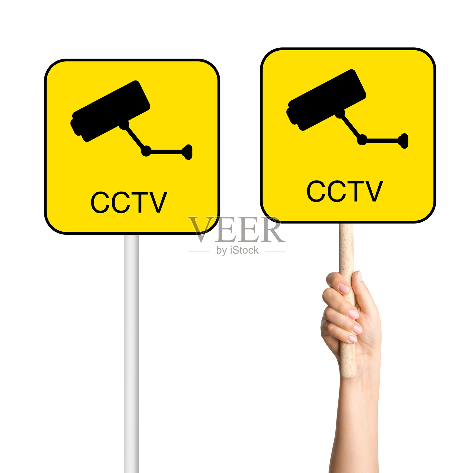一组视频监控标志，带有杆子和手持标志，背景为空白。适合用于安全警告、安全措施或犯罪预防。照片摄影图片