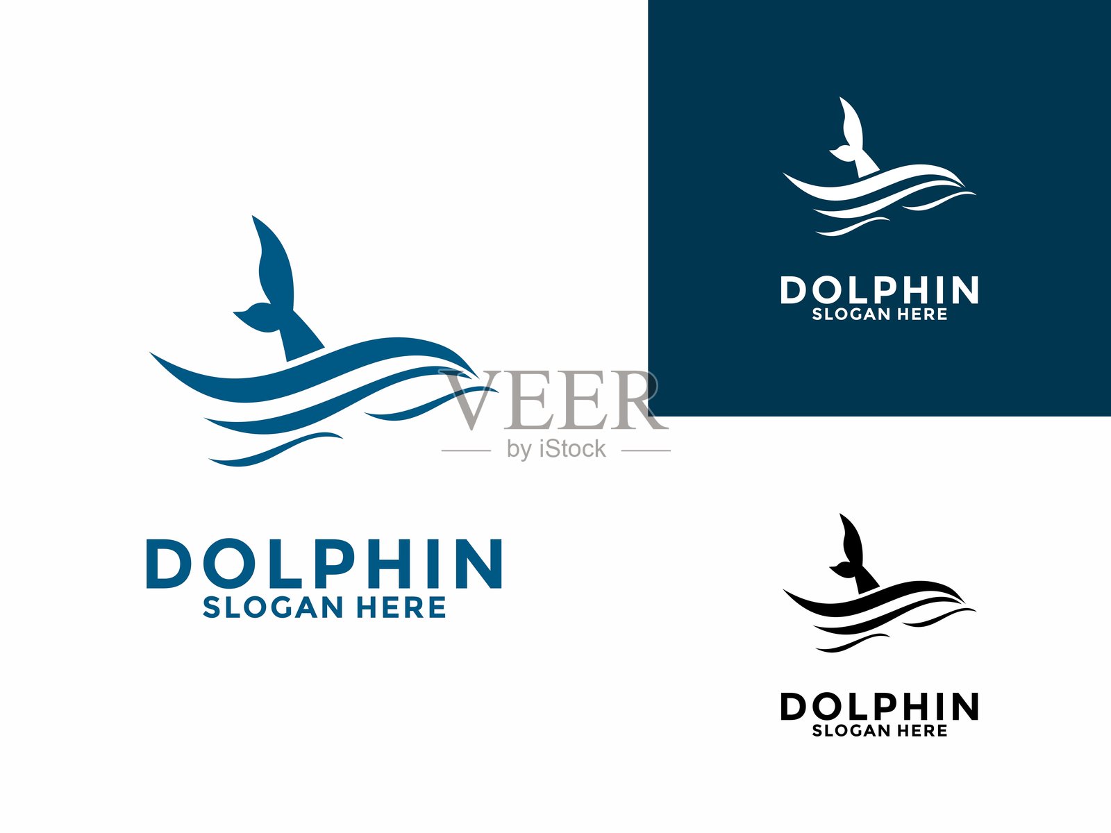 海豚尾巴标志设计矢量插图，海豚在海洋水中游泳插画图片素材