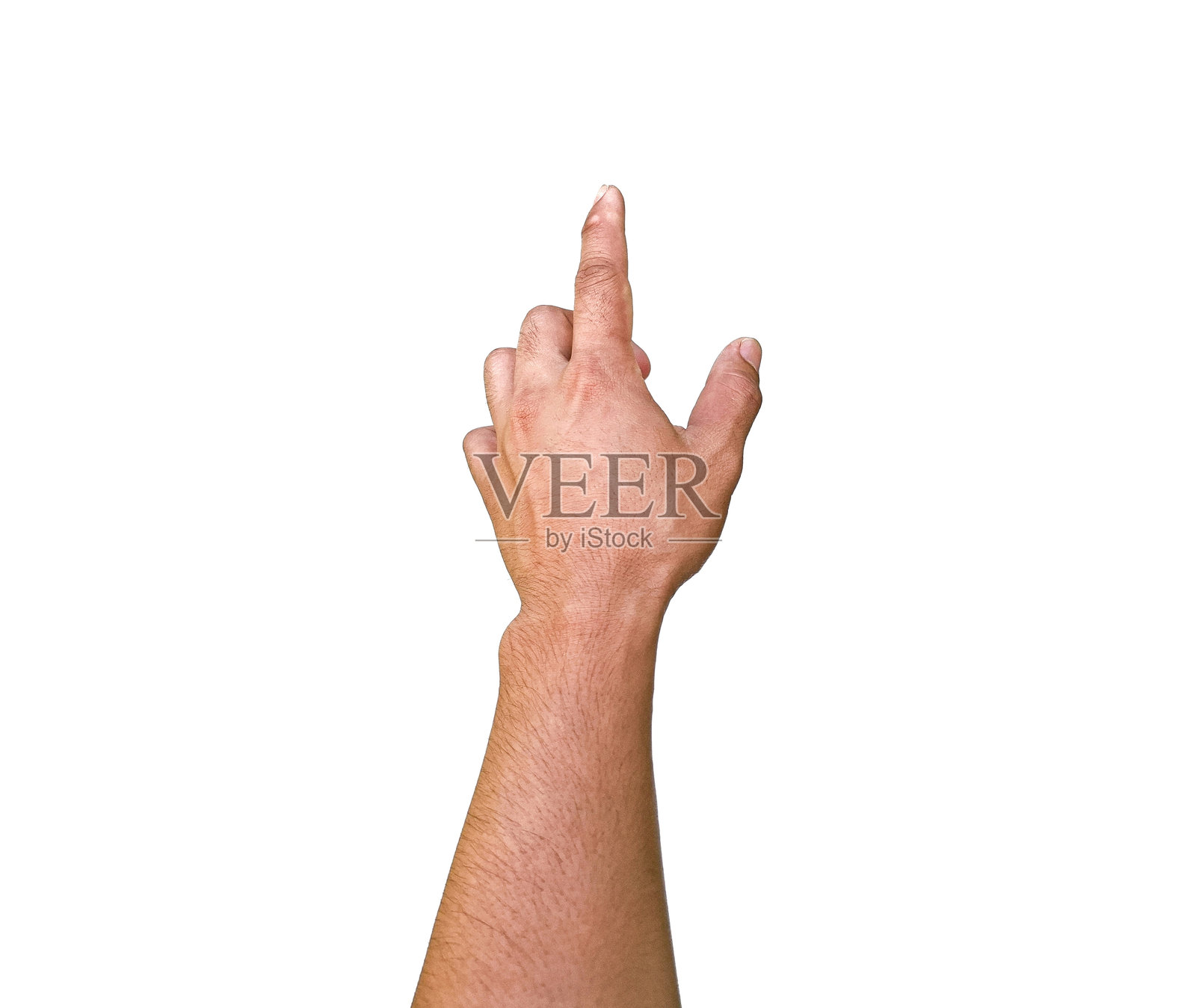 男人的手做出手势，比如指向某物或触摸手机屏幕，背景为白色。照片摄影图片