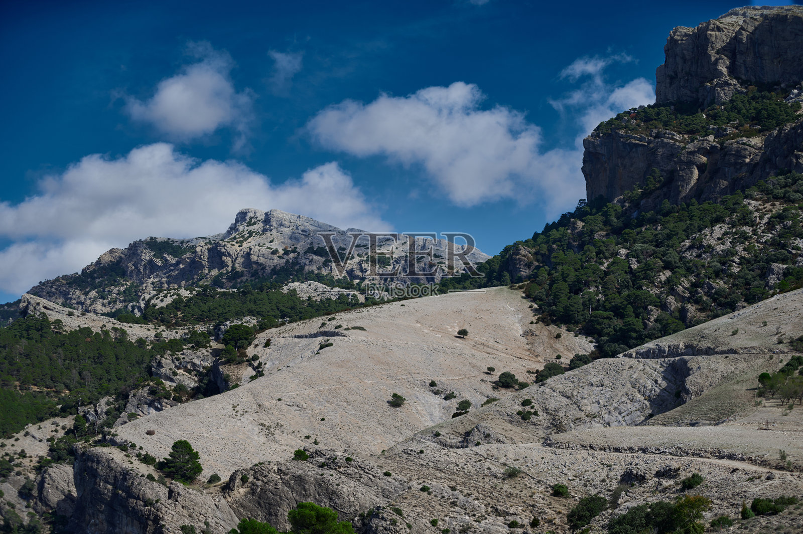 雄伟的山脉风景，岩石悬崖与晴朗的天空照片摄影图片