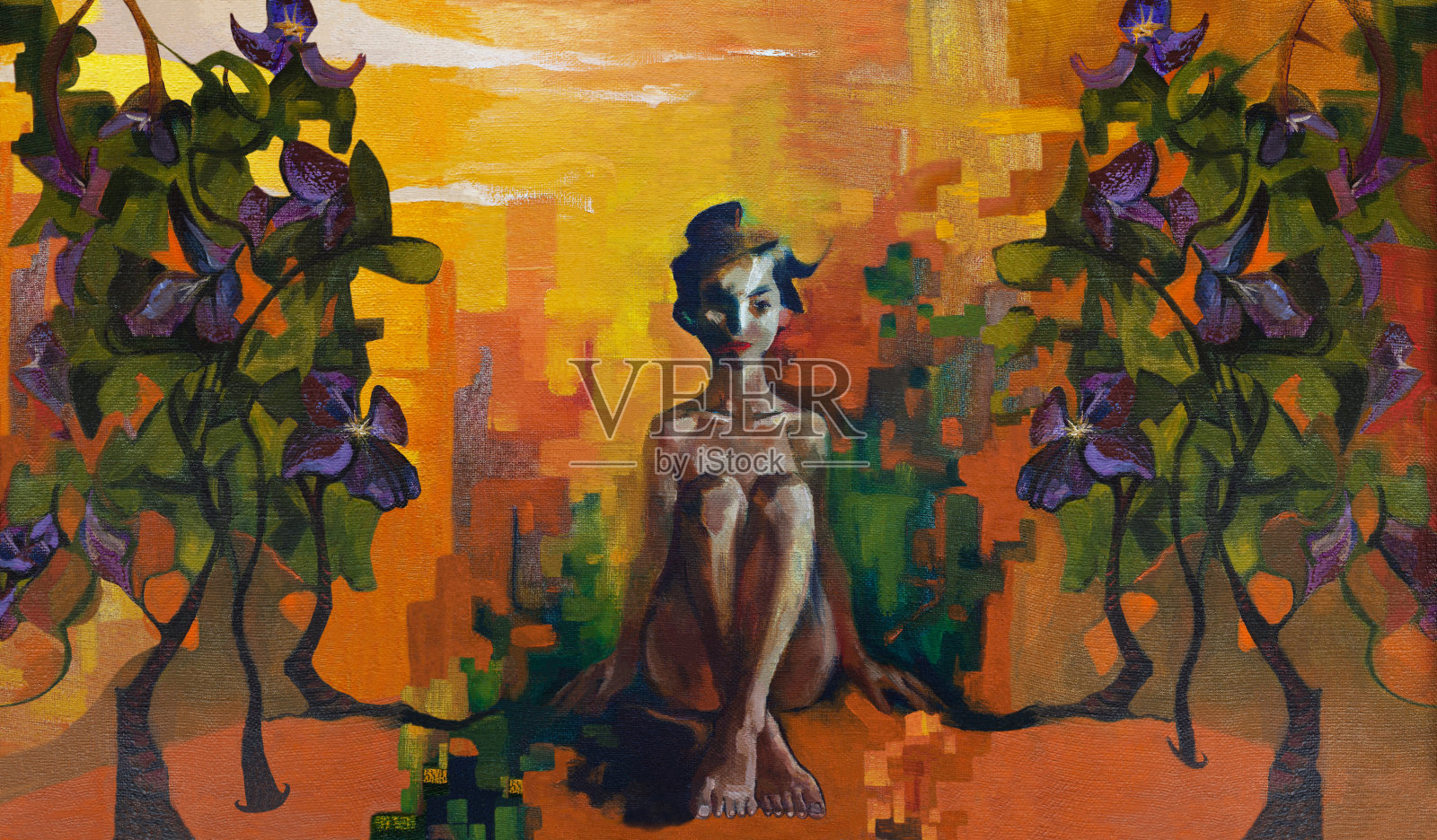 时尚的插图现代艺术作品我的原始油画在画布上印象派横向阳光装饰肖像人物坐在温柔美丽的女孩长头发和一个东方风格的头发插画图片素材