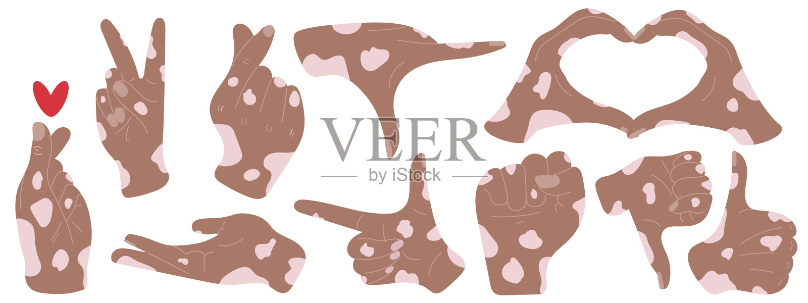 一组真实的手势。手指爱心、心形、用手指指向、白癜风肤色的拳头，孤立在白色背景上。手绘矢量插图，扁平风格。身体语言。插画图片素材