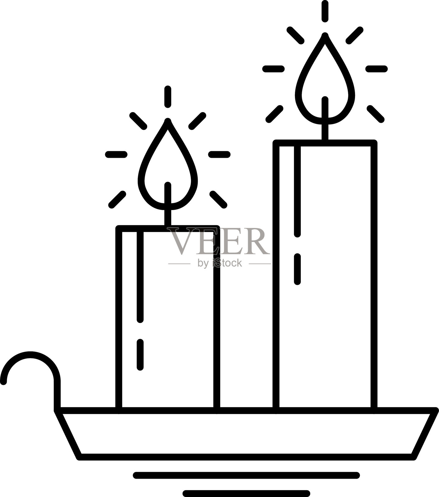 圣诞蜡烛细线图标矢量。圣诞蜡烛节日与光线轮廓图标。白色背景上的节日烛台轮廓风格图标。新年或圣诞节细线图。插画图片素材