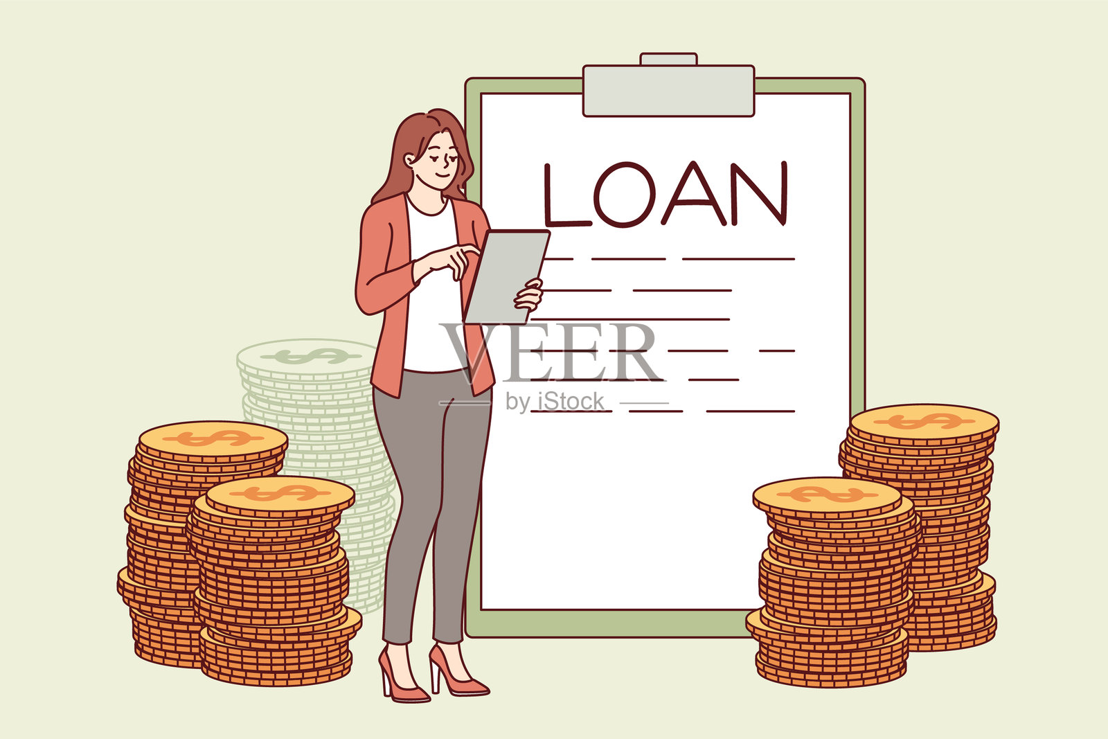 贷款合同的剪贴板附近的妇女贷款的费用或抵押购买房地产插画图片素材