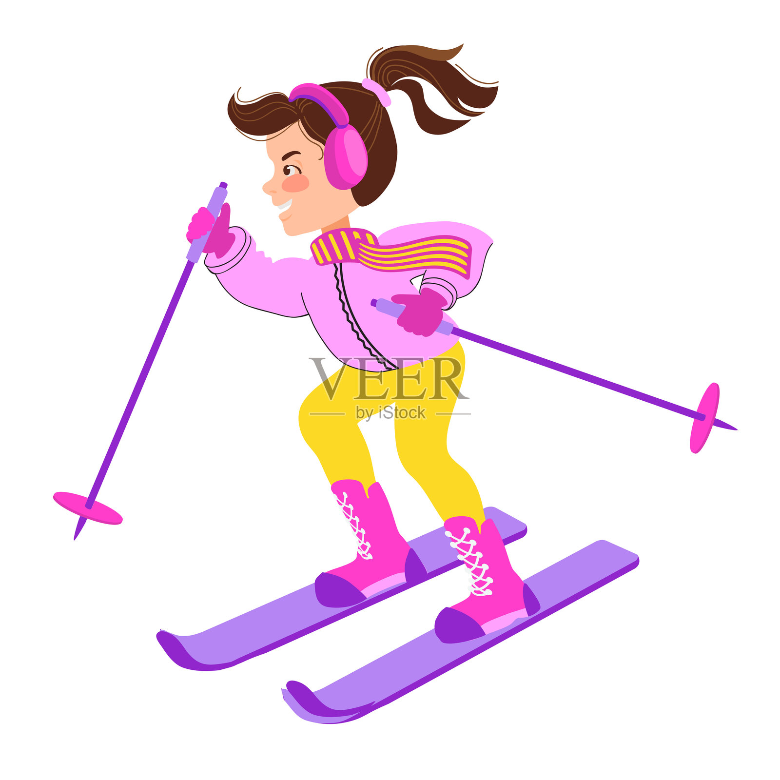 快乐的女孩在雪地里滑雪。冬季户外活动。向量。插画图片素材