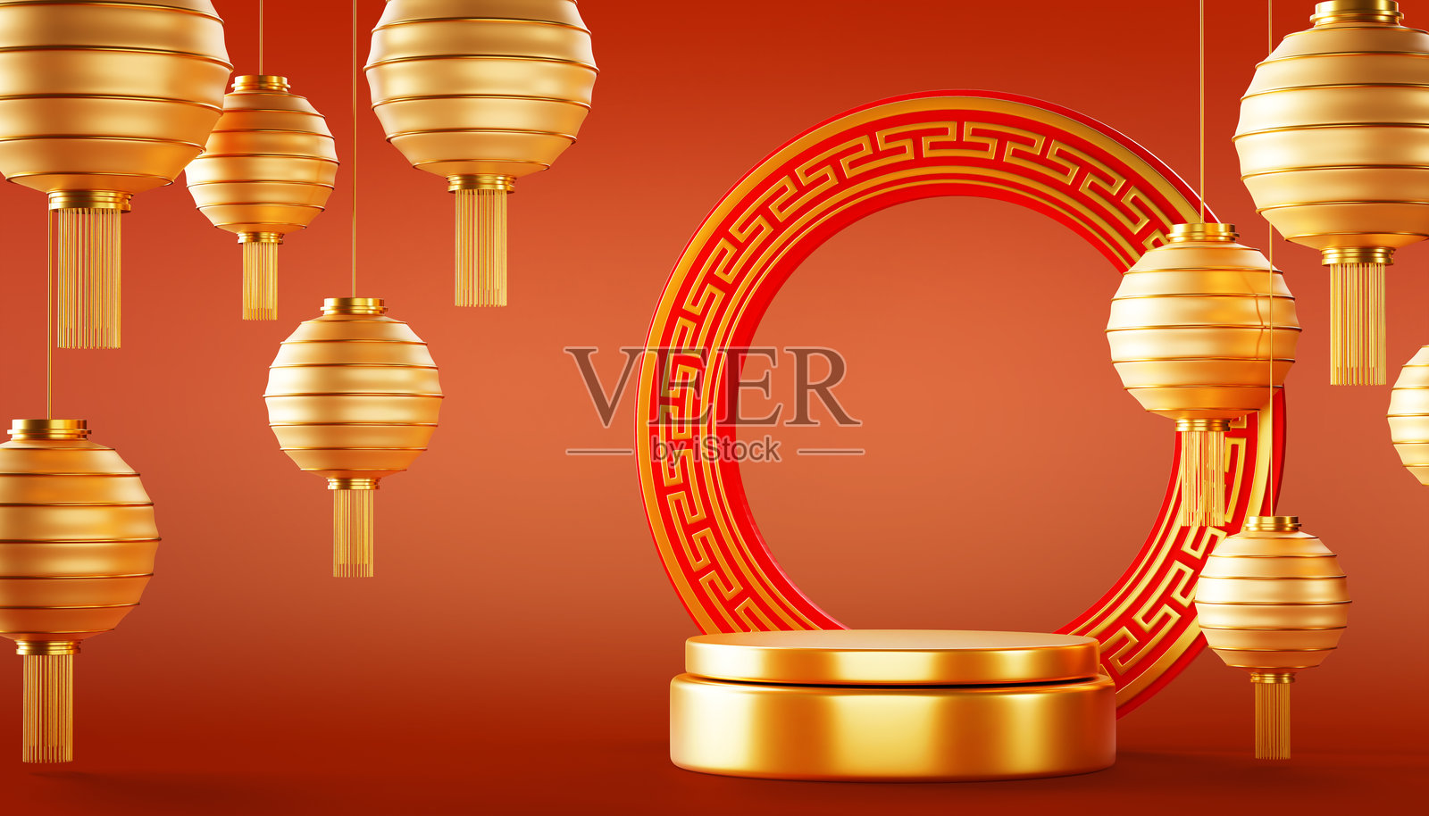 中国或日本风格的红色3D讲台，带有金色图案的拱门和灯笼，适用于亚洲新年庆祝活动和产品展示。东方奢华舞台模型，空的底座配有金色框架。照片摄影图片