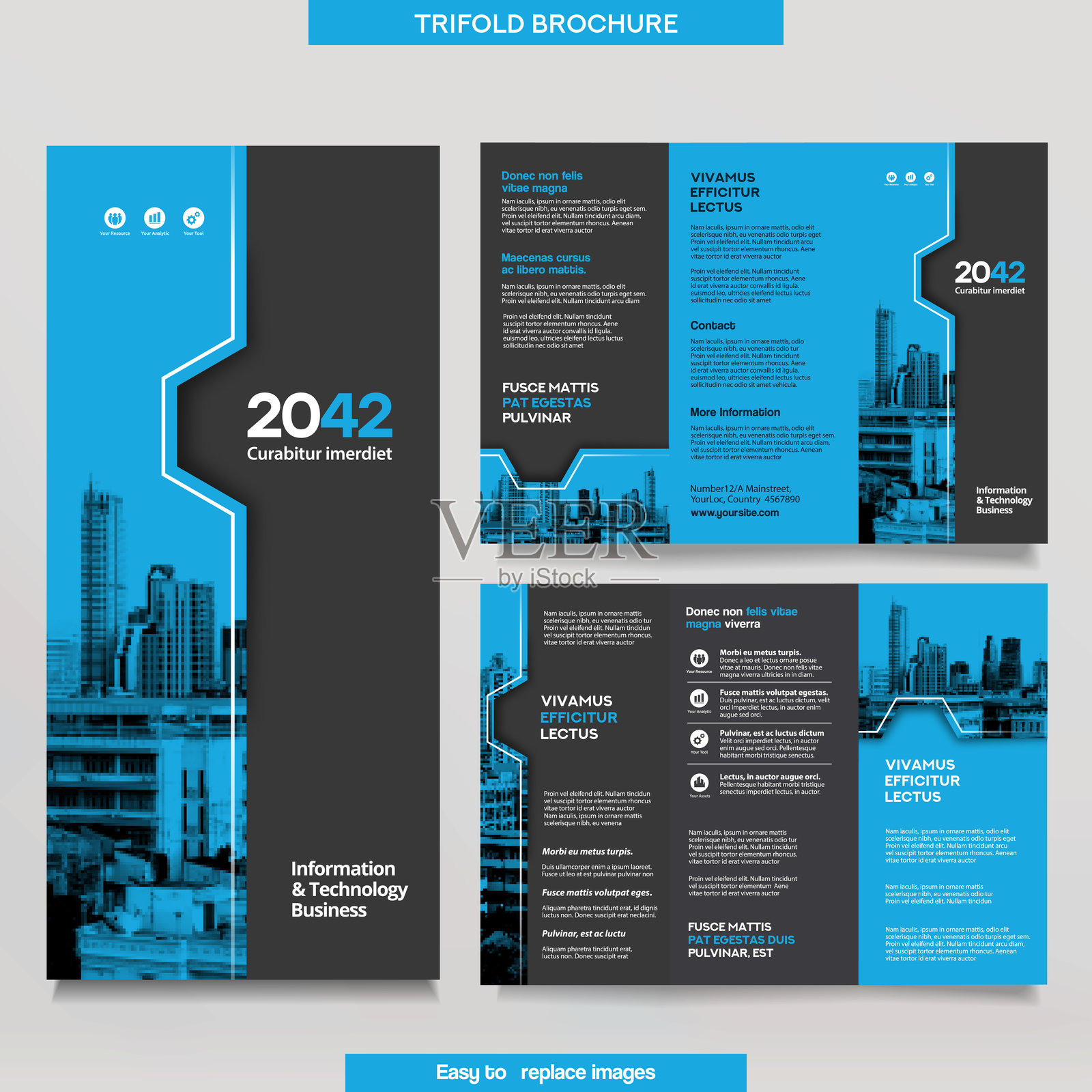 三折式商业宣传册模板。可更换图片的企业设计宣传单。插画图片素材