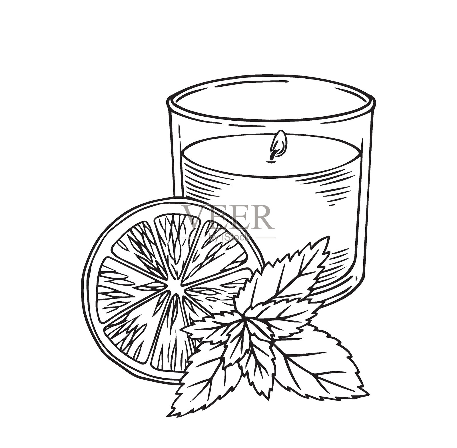 橙子薄荷香薰蜡烛。素描风格的矢量插图。插画图片素材