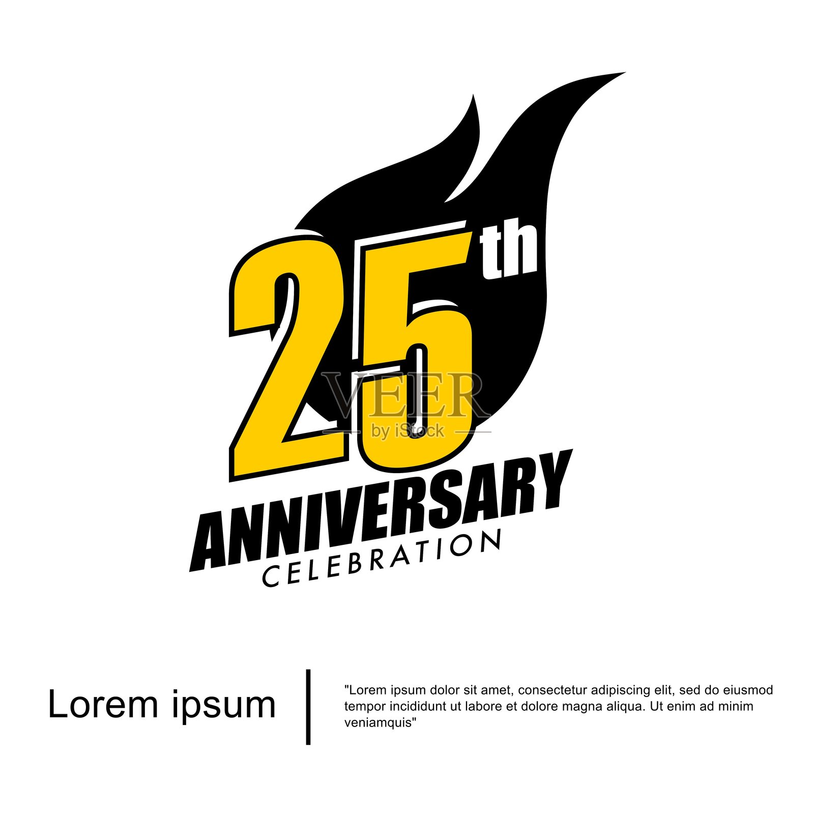 25周年庆典徽章。周年纪念标志，带有火花的火球，独立于白色背景。适用于网页、传单、海报、贺卡的矢量插图设计模板。插画图片素材