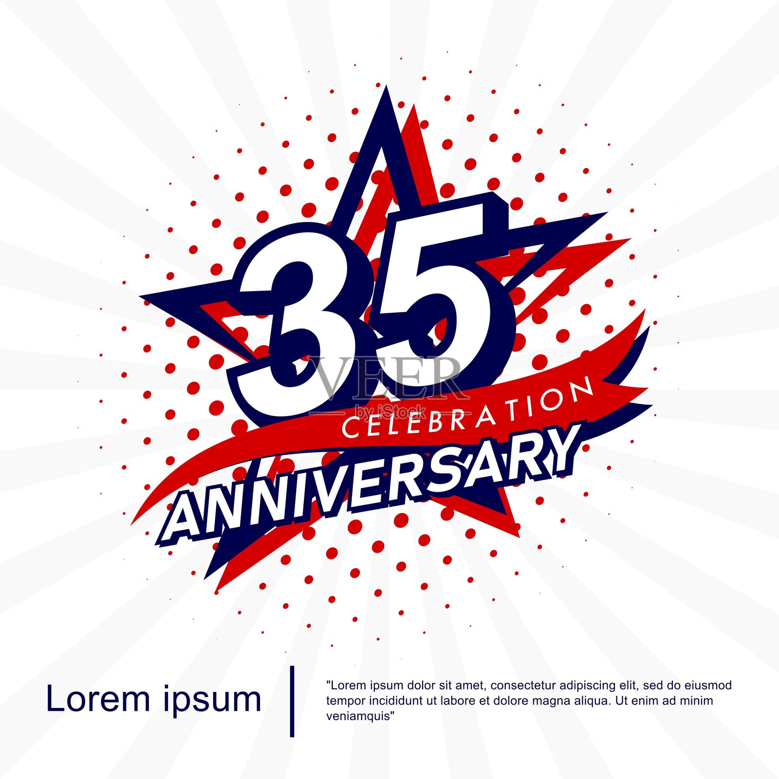 35周年庆典徽章。带有红色丝带和星星的周年纪念标志。适用于网页、传单、海报、邀请卡和贺卡的矢量插图模板设计。插画图片素材