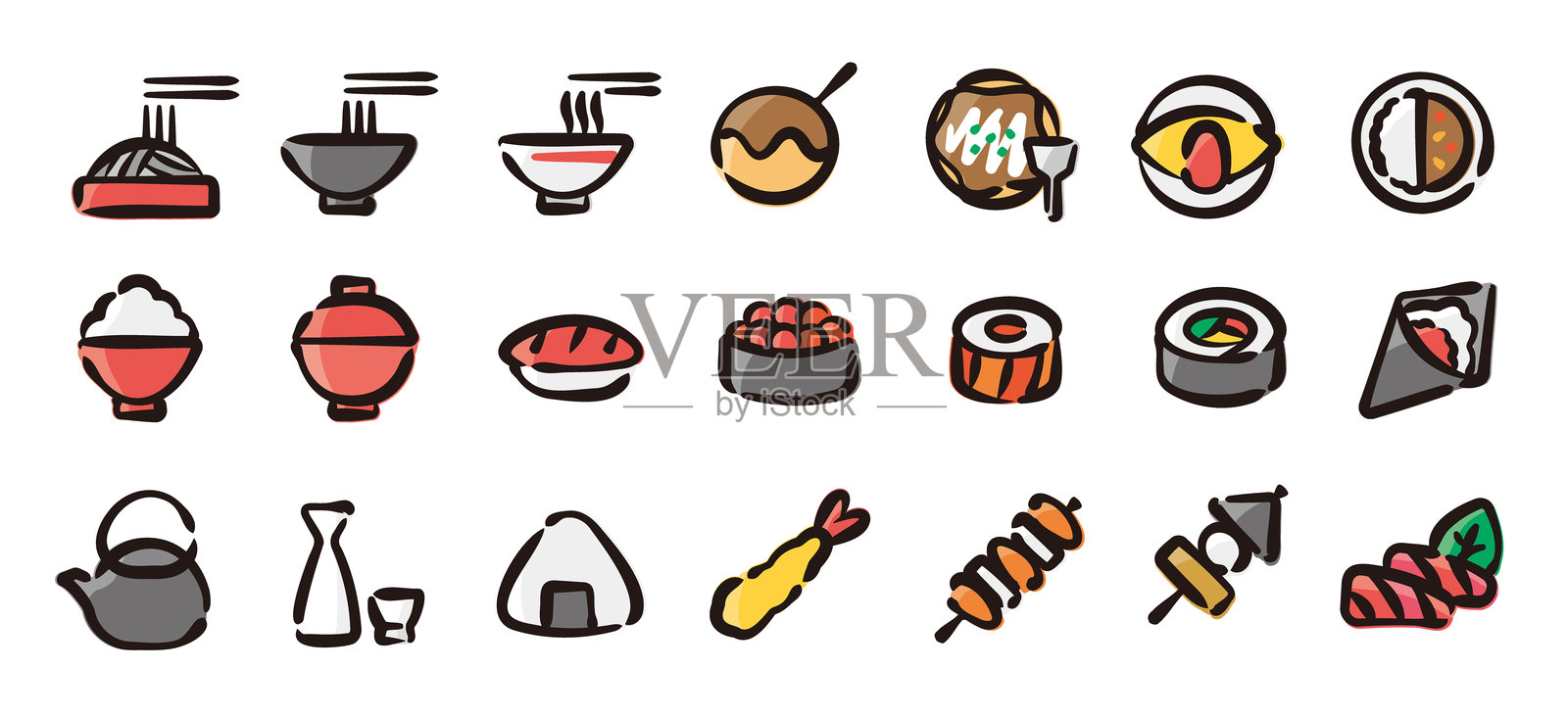 手绘线条的日本食品图标集（彩色版）插画图片素材