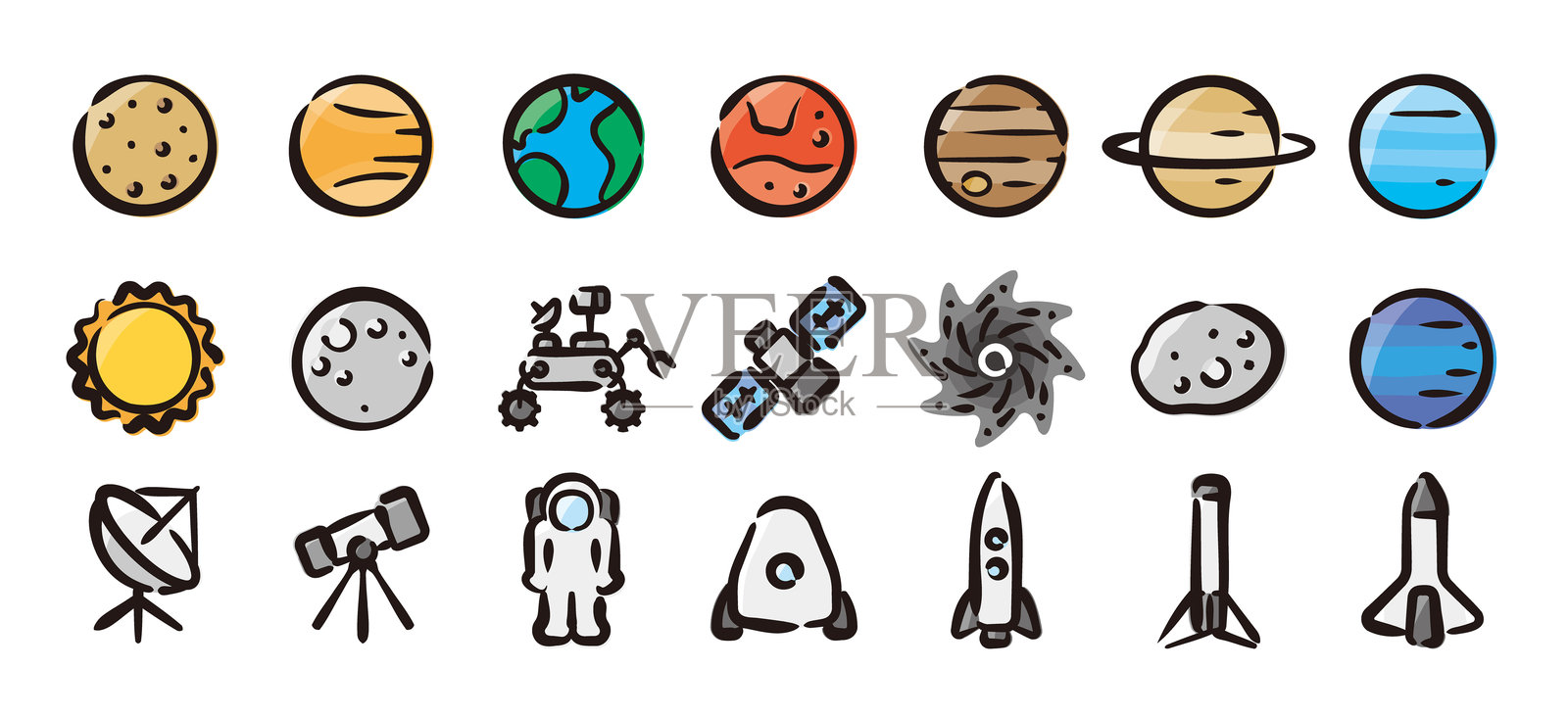 太空和行星图标集（手绘线条，彩色版本）插画图片素材