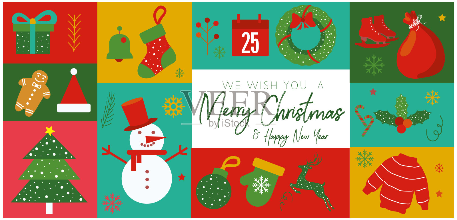 圣诞图标 彩色元素装饰，包括圣诞帽、驯鹿、礼物、圣诞树、雪花、袜子、雪人。库存插图。现代圣诞矢量海报图标元素。插画图片素材