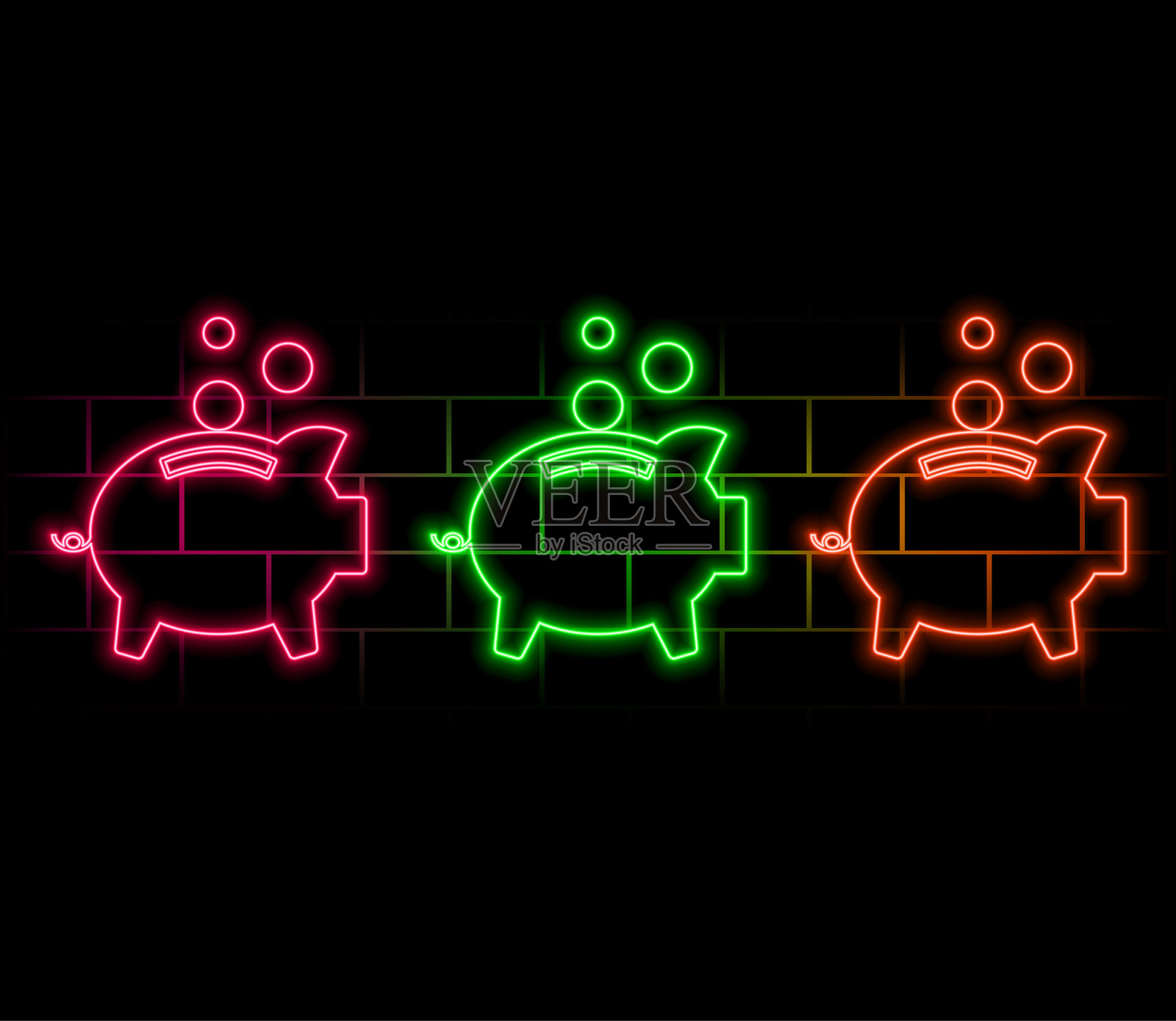 现金、钱、储蓄罐霓虹矢量图标。霓虹蓝色、黄色、红色图标集。插画图片素材