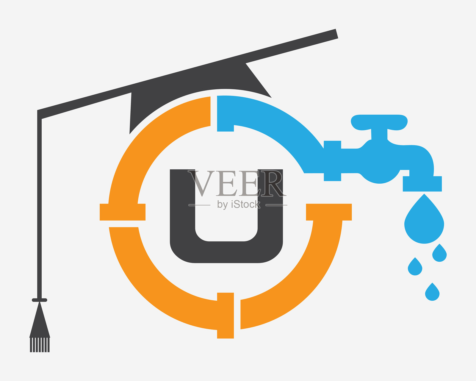 字母U的单字母标志设计概念，配有管道和水的图标插画图片素材