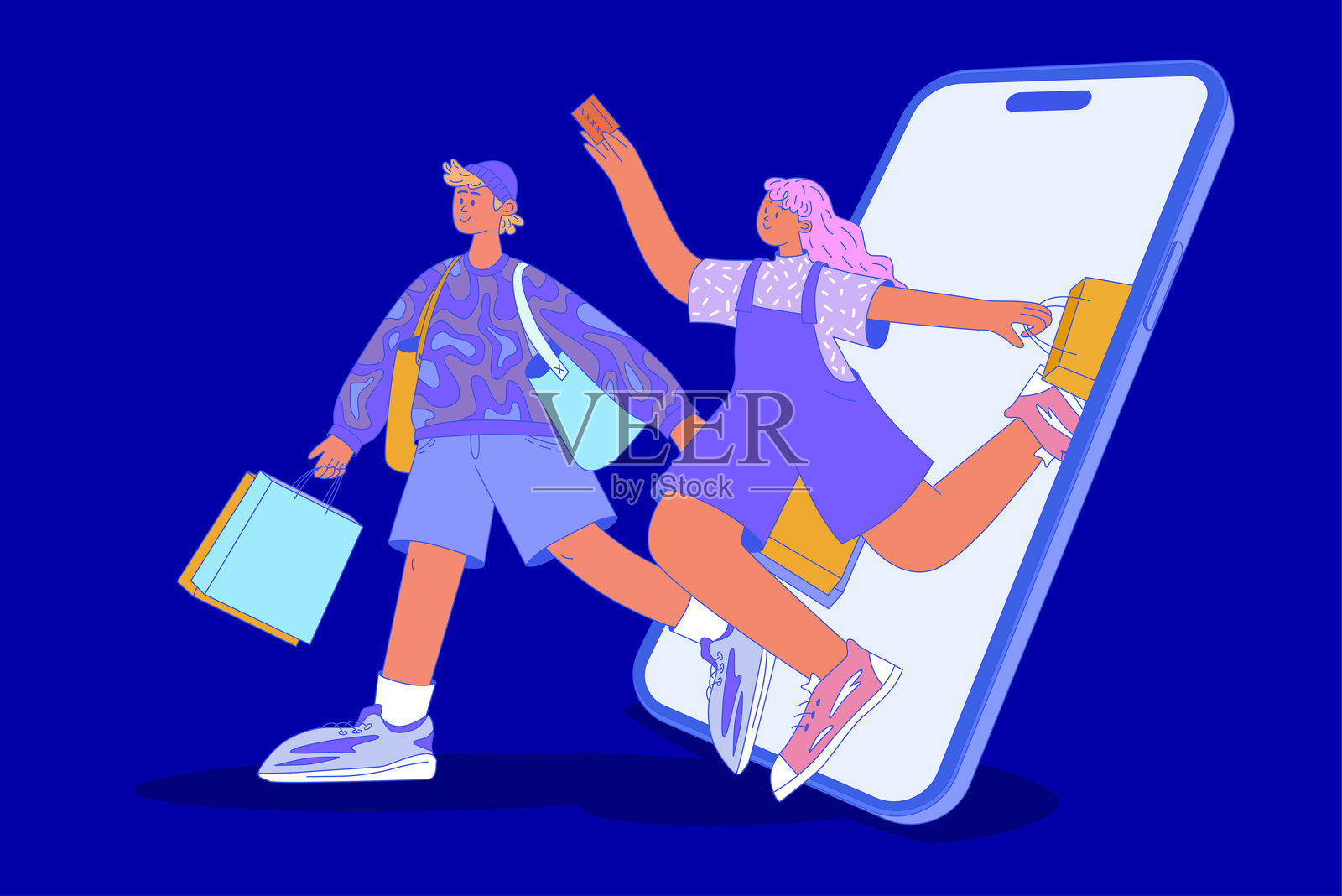 平面矢量插图：角色在线购物插画图片素材