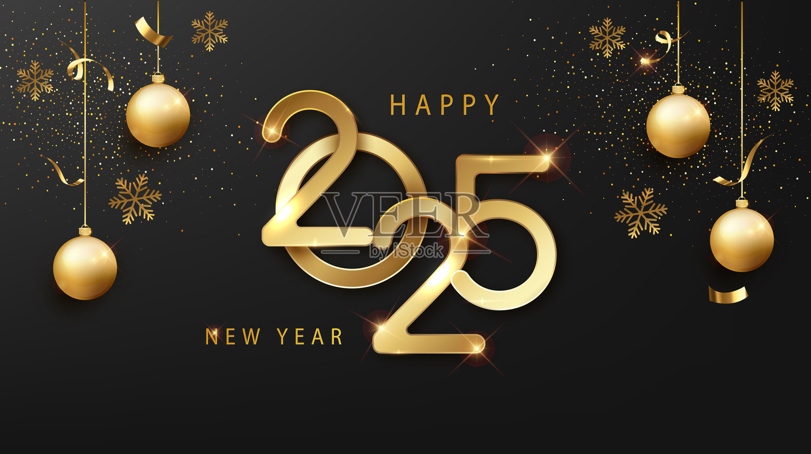 2025年新年快乐：优雅的金色文字与光芒。插画图片素材