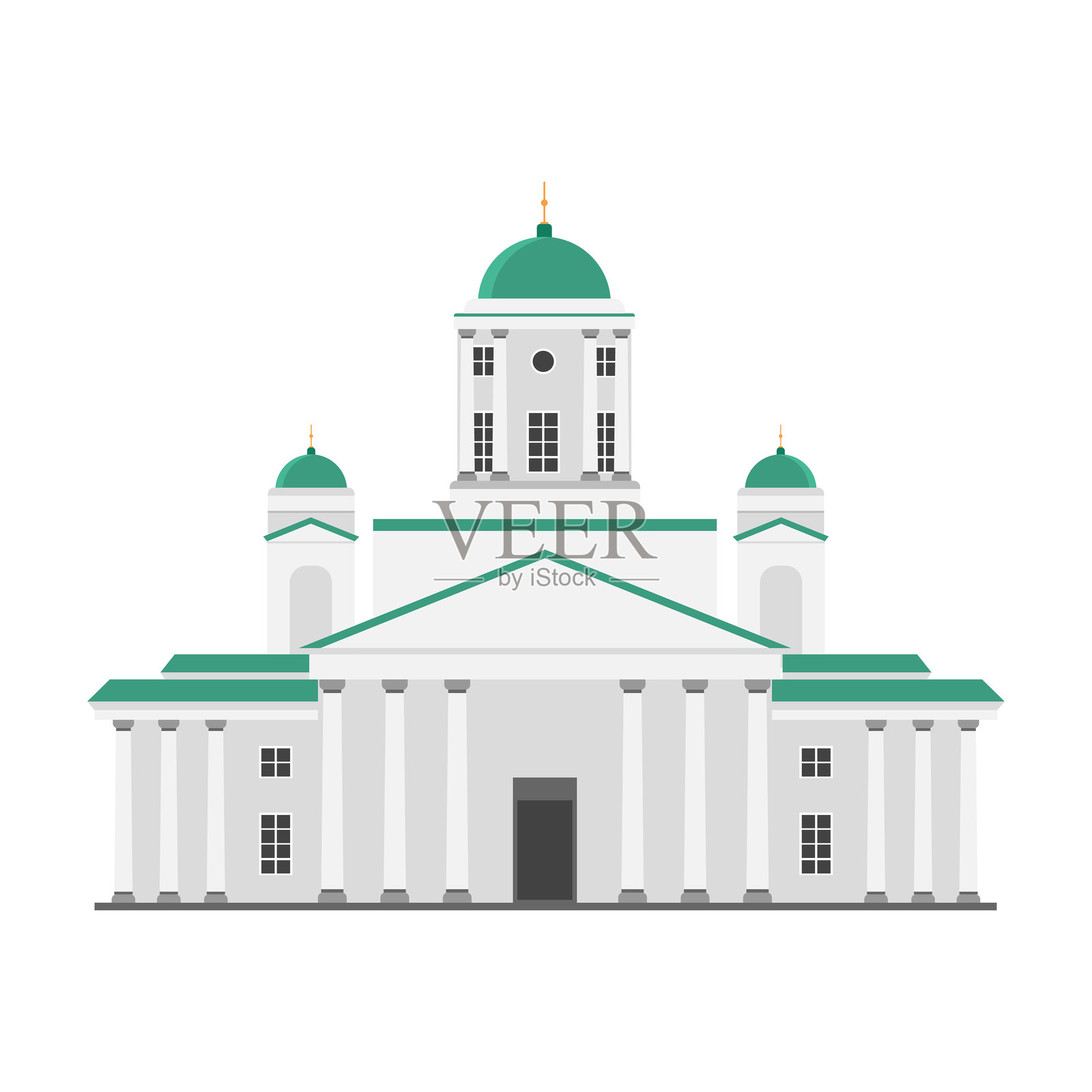 一幅展示芬兰大教堂的矢量插图，华丽地装饰着其独特的绿色圆顶。插画图片素材