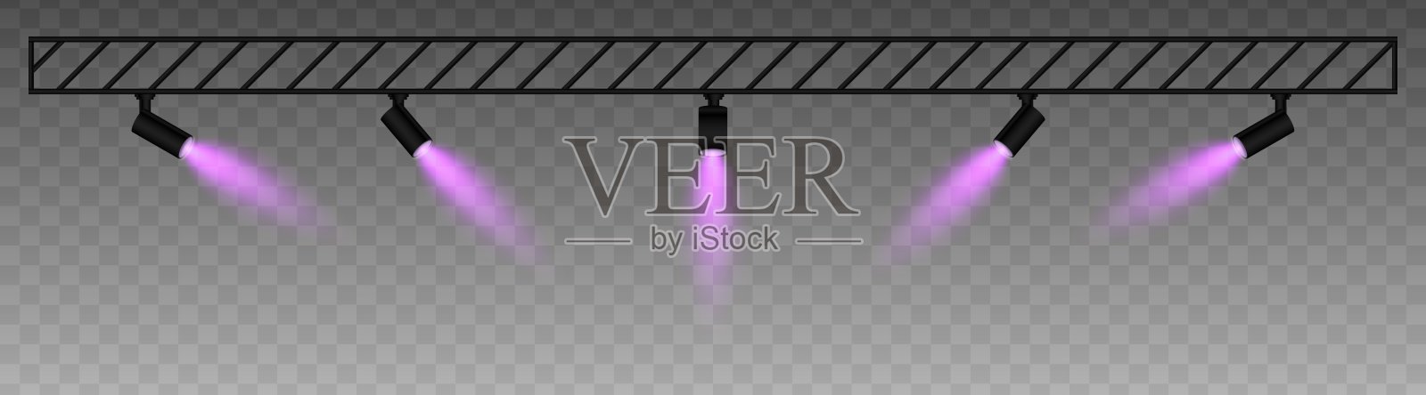 金属桁架上装有可调节的聚光灯，发出柔和的紫色光束，探照灯，投影仪。工业风格的布置，聚焦照明，舞台灯光，展览，现代室内。插画图片素材