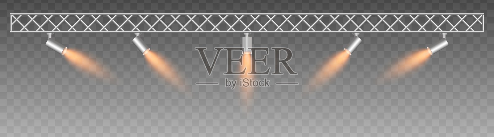 金属桁架上装有可调节的聚光灯，发出柔和的红色光束，探照灯，投影仪。工业风格的布置，聚焦照明，舞台灯光，展览，现代室内。插画图片素材