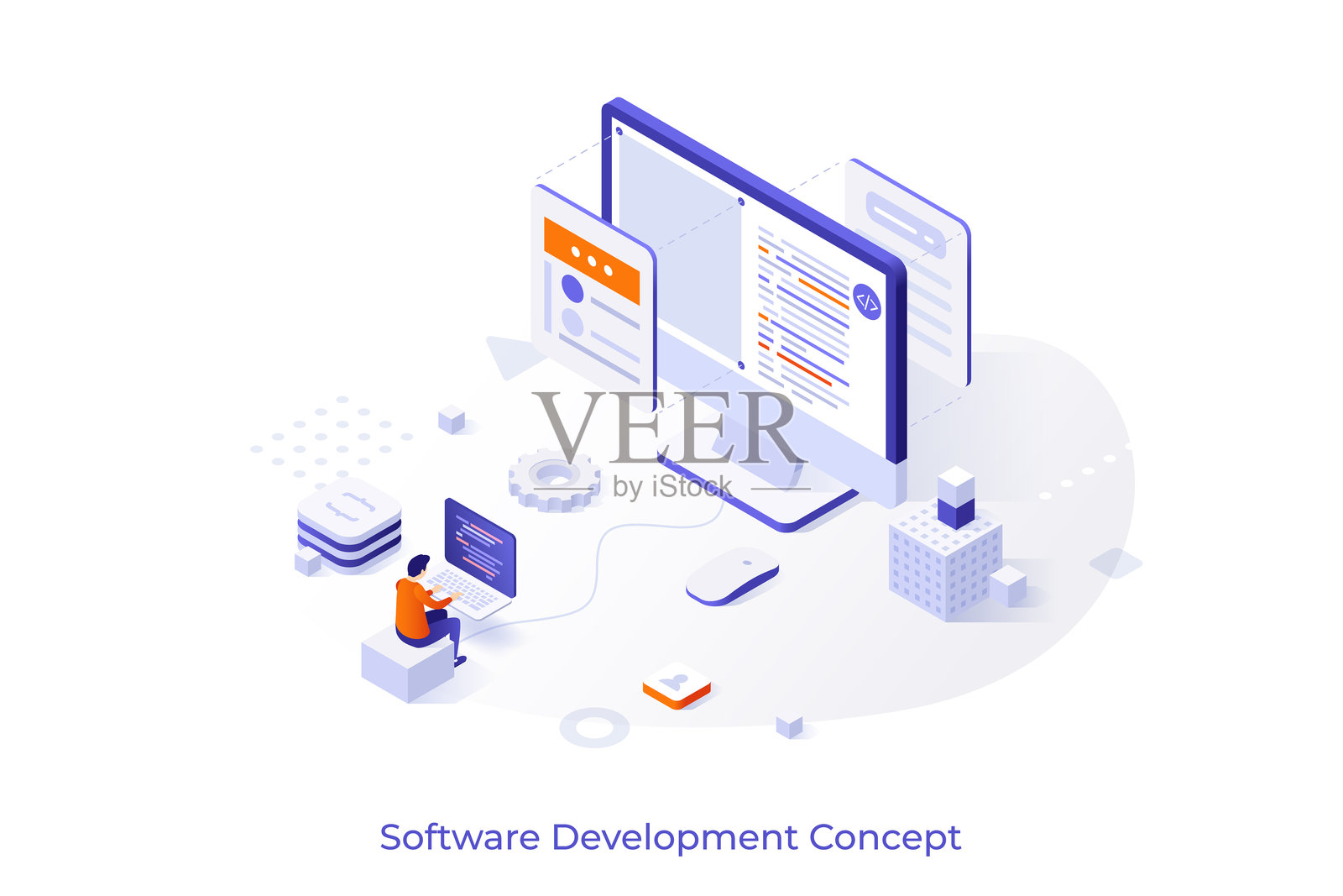 概念模板，程序员或编码者在电脑上工作。展示软件开发的主要阶段，包括前端和后端编码。现代等距矢量插图，适用于网站。插画图片素材