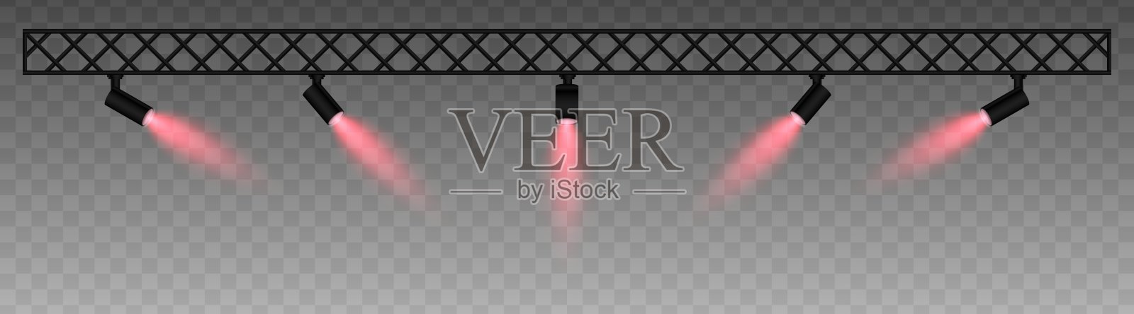 金属桁架上装有可调节的聚光灯，发出柔和的粉色光束，探照灯，投影仪。工业风格的布置，聚焦照明，舞台灯光，展览，现代室内。插画图片素材