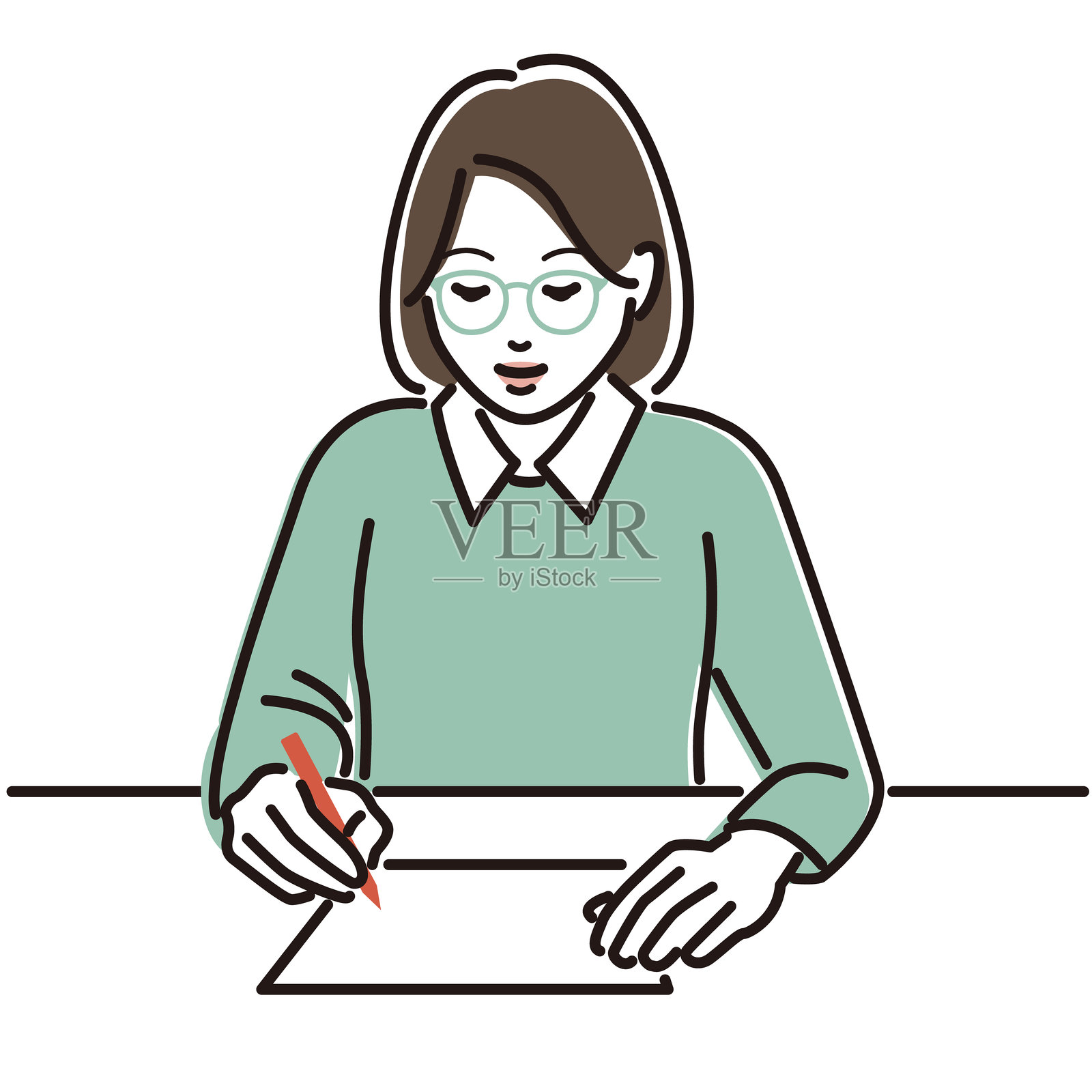 一位戴眼镜的女性正在用红色钢笔写字插画图片素材