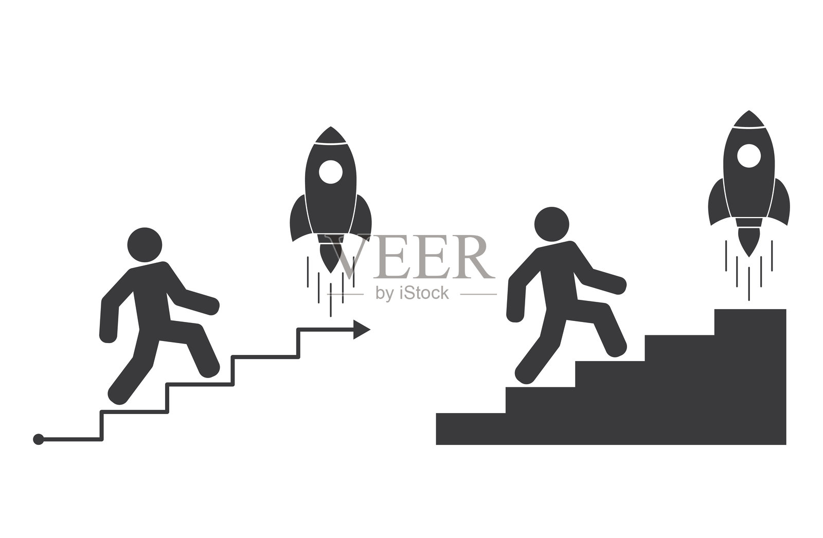 一个人正在攀爬通往火箭的楼梯插画图片素材