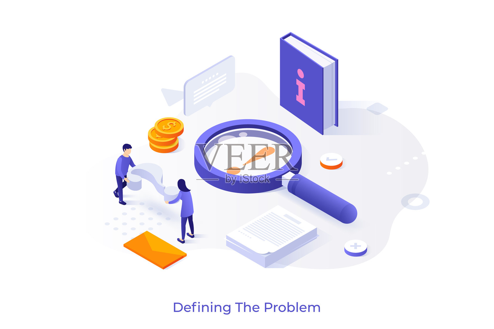 概念模板，带放大镜、书籍和人们携带的质疑点。用于定义问题以寻找解决方案或答案的场景。现代等距矢量插图，适用于网站。插画图片素材