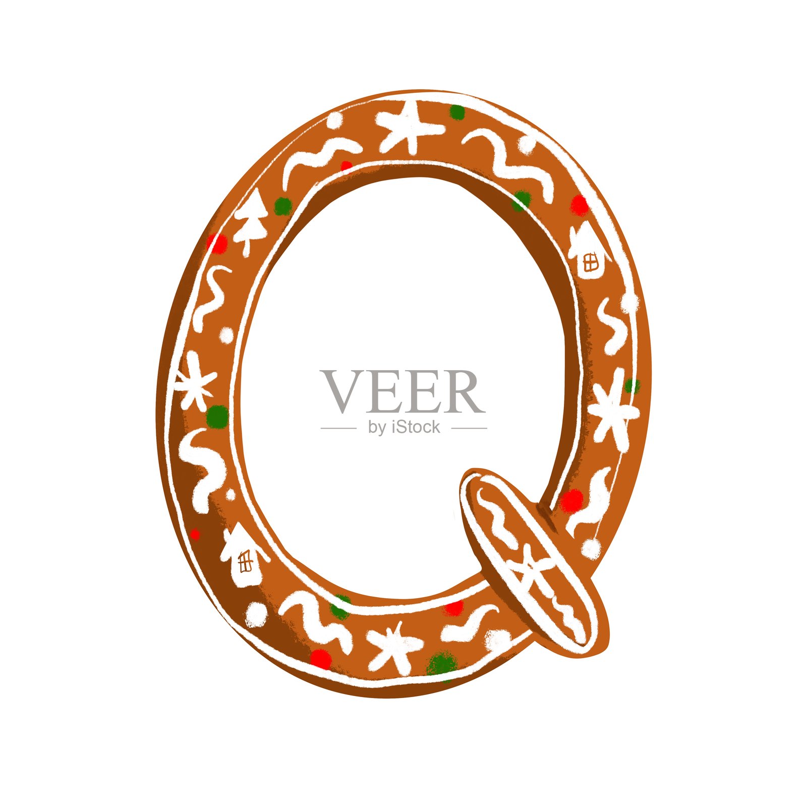 姜饼字母Q，装饰有糖霜饰品照片摄影图片