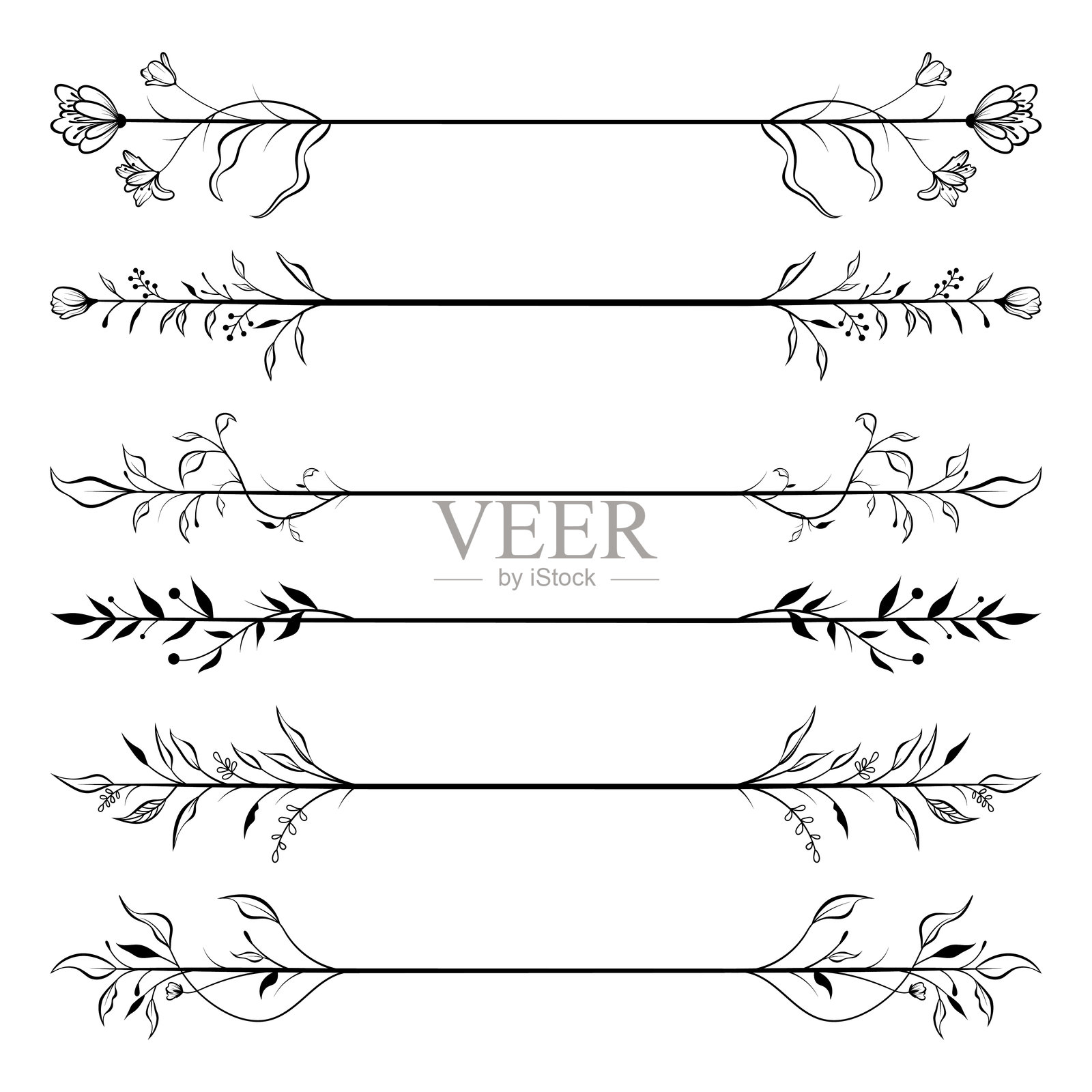 手绘花卉边框的矢量图集。婚礼卡片设计元素。插画图片素材