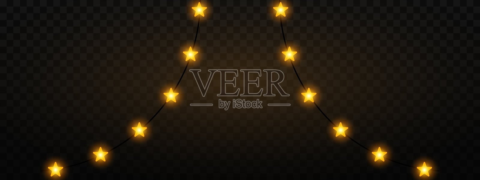 挂在黑色背景上的金色星形圣诞灯饰，营造出节日气氛。透明背景上的一串闪烁的仙女灯。装饰性温暖的照明。插画图片素材