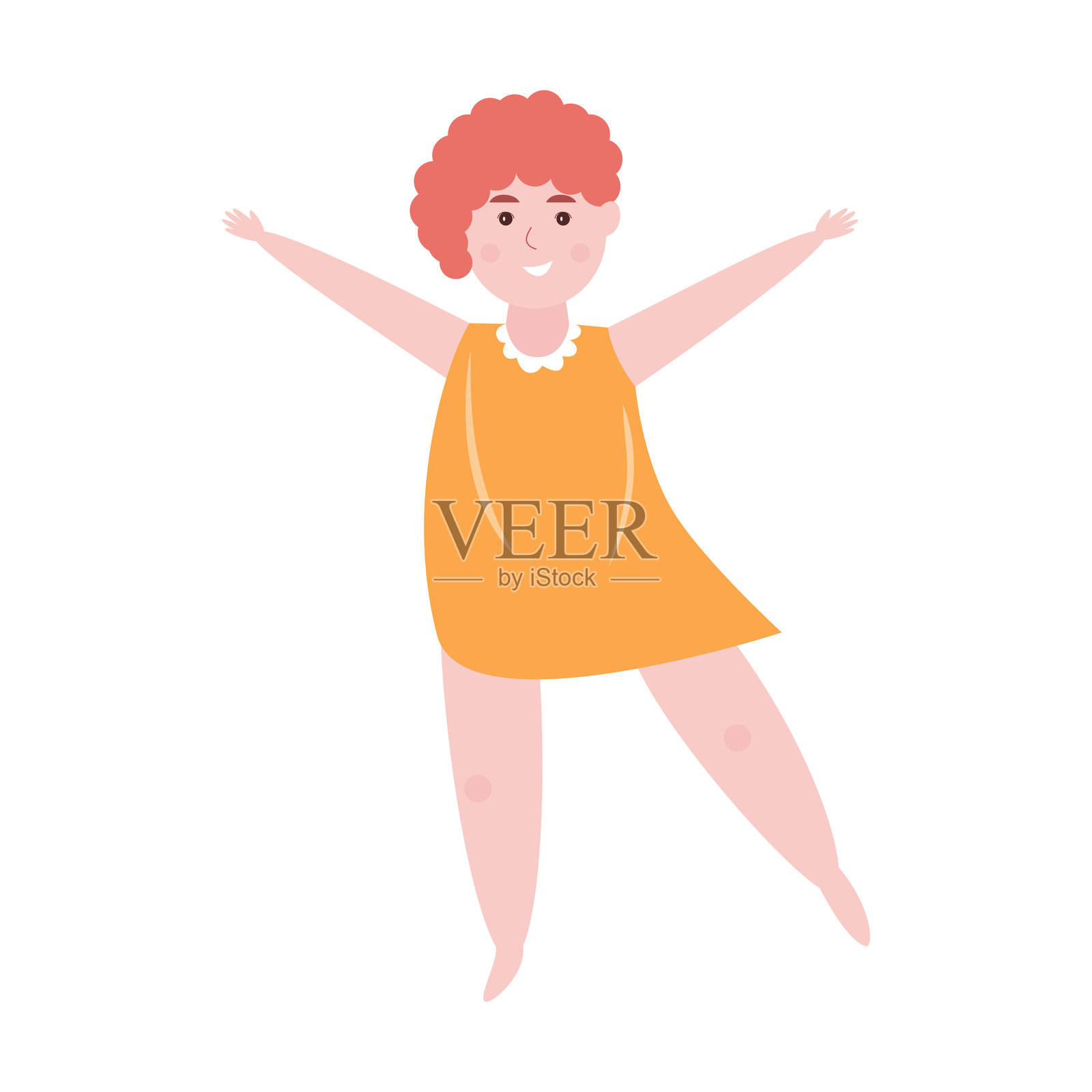 一幅快乐女孩的矢量插图，她有着卷曲的头发，穿着明亮的橙色裙子。插画图片素材