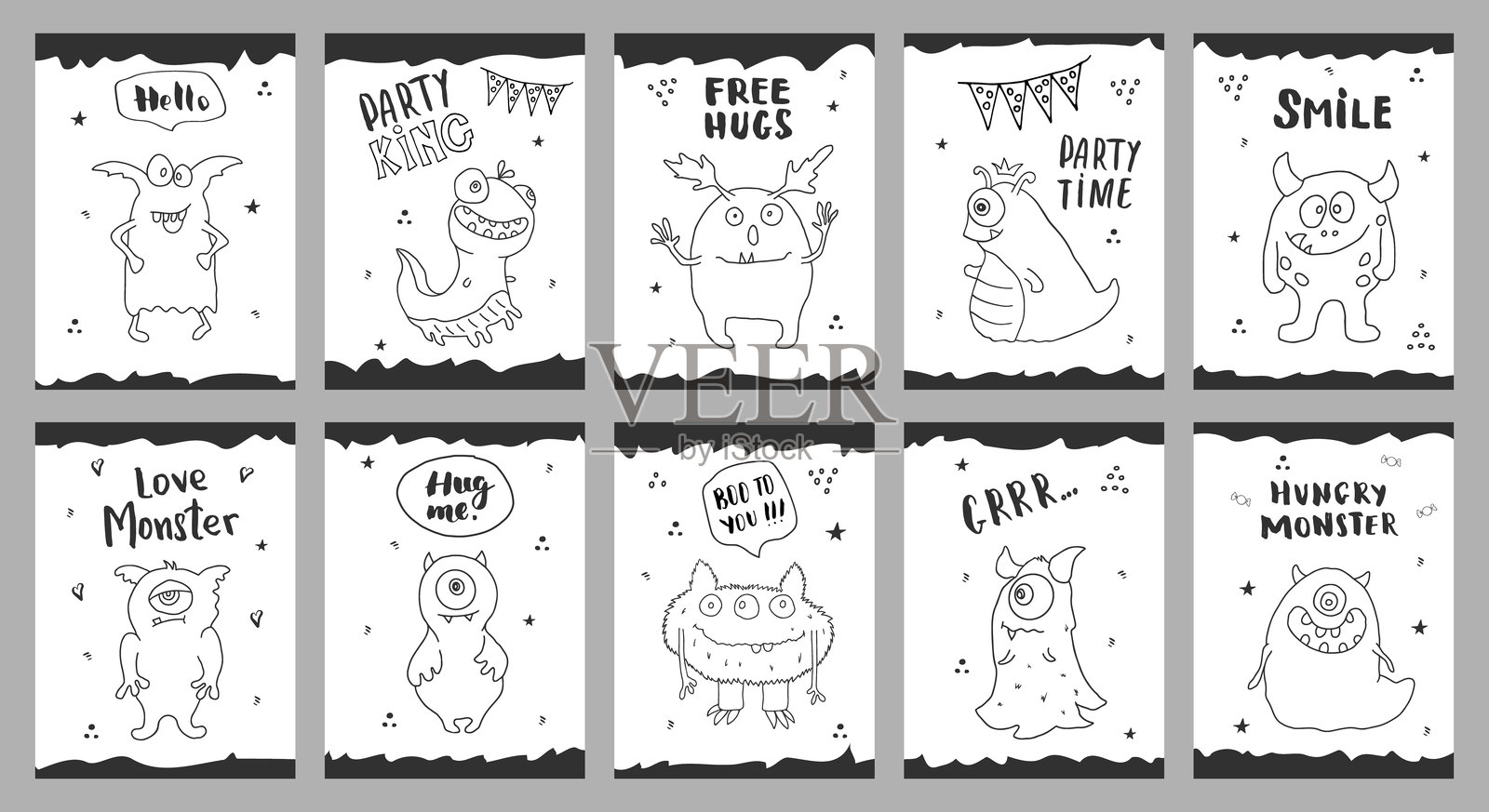 可爱的怪兽卡片套装。卡通怪兽系列。矢量插图插画图片素材