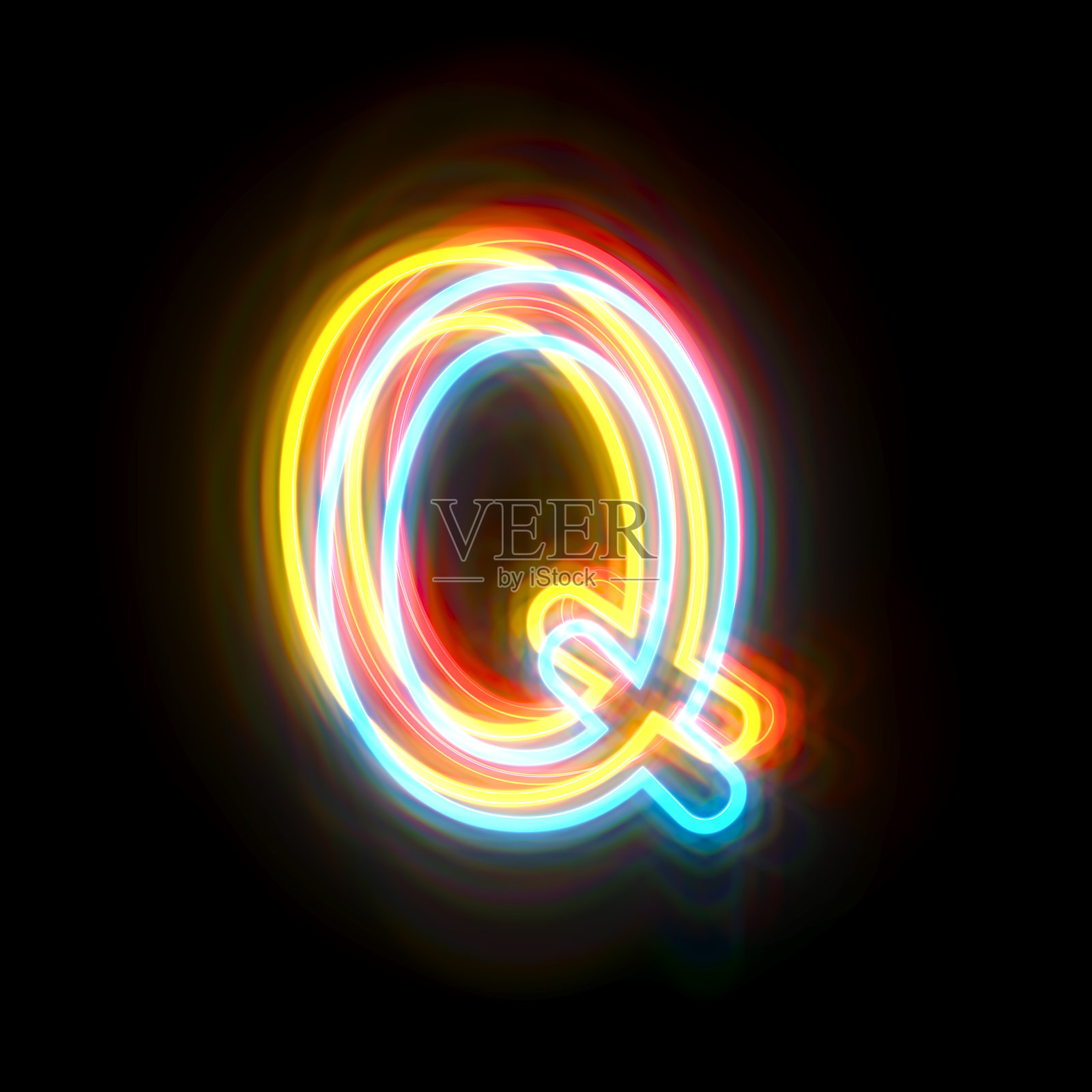 三种颜色的霓虹字体字母Q 3D照片摄影图片
