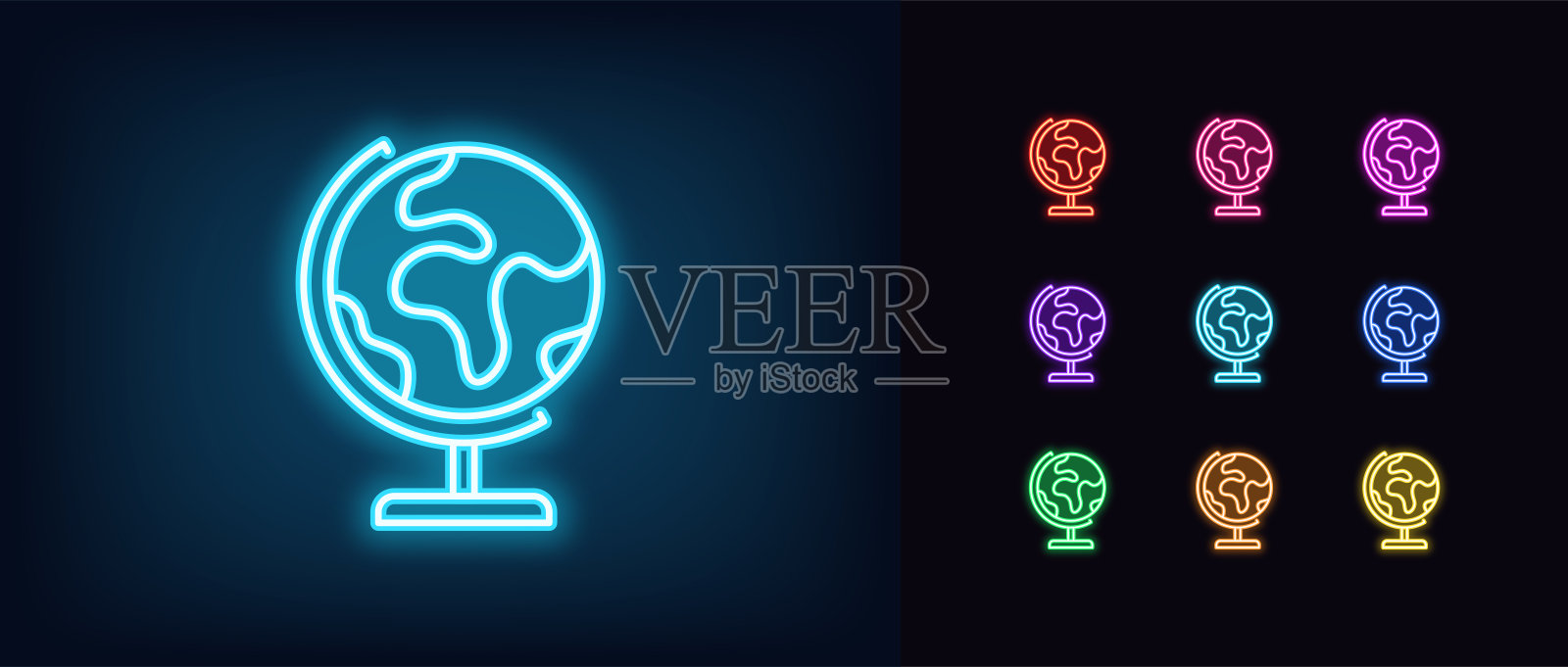 轮廓霓虹地球图标集。发光的霓虹地球图标，国际世界地图。抽象的地球仪，学校用地球仪，地理探险，全球旅行，全球地理。矢量图标。插画图片素材