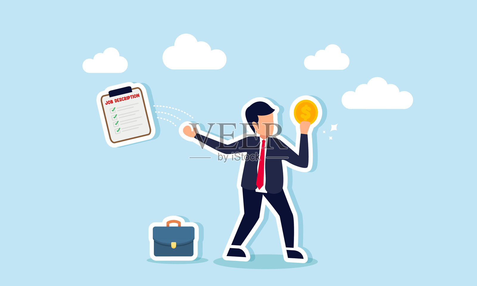 商人手持美元硬币，扔掉工作描述板，插图展示完成商业项目后获得奖金的情景插画图片素材