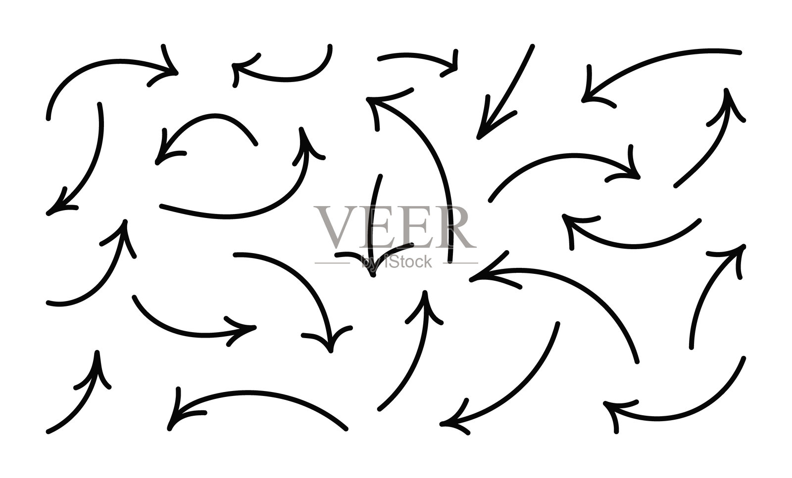 手绘简单箭头，带可编辑的笔画。在白色背景上涂鸦方向。不同形状的线条。轮廓扁平设计插画图片素材