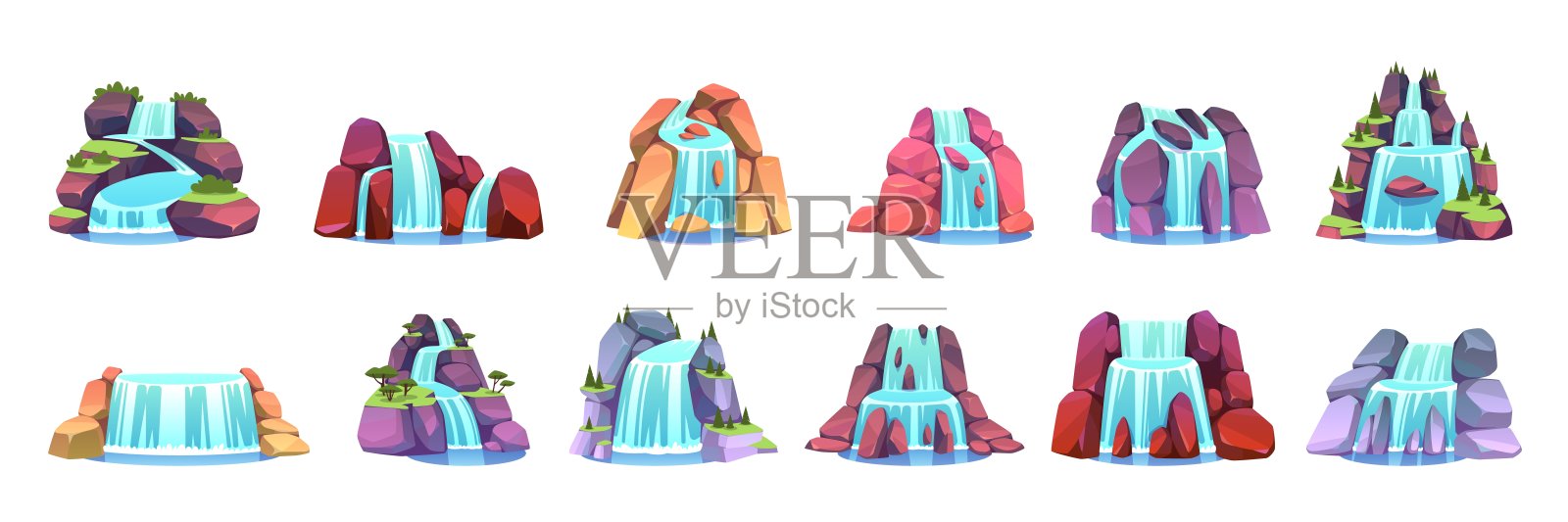 如画的山间瀑布。卡通自然角落，水从岩石上倾泻而下，蓝色溪流奔腾而出，各种景观设计元素。丛林天堂环境，整洁的矢量图集。插画图片素材