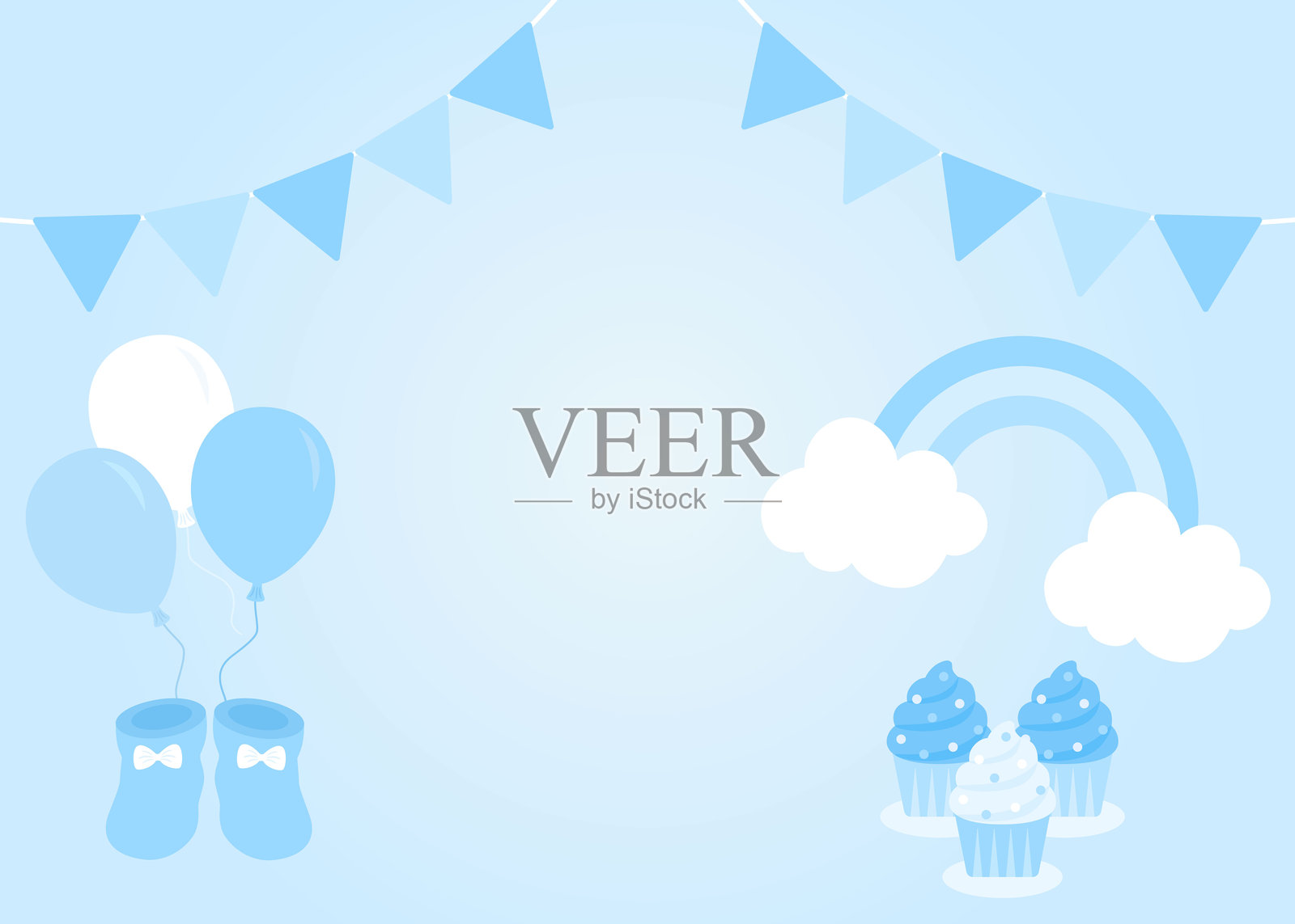 蓝色旗帜、气球、婴儿鞋和杯子蛋糕的婴儿洗礼或性别揭晓派对概念插画图片素材