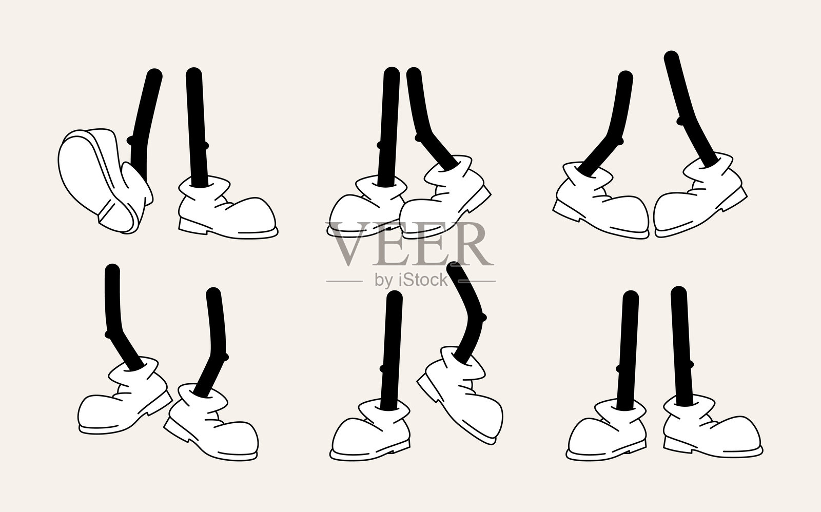 复古或怀旧卡通角色或吉祥物的身体部位。矢量图中独立的穿鞋腿部。用于动画的动作和移动集，适合走路或行走的细脚踝人物。插画图片素材