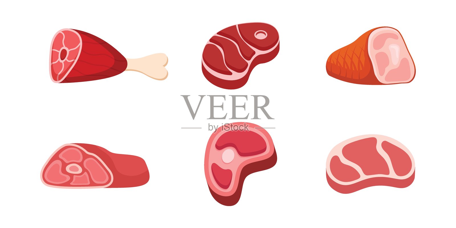 生肉图标集，扁平风格。羊肉或牛肉的矢量插图，背景为纯色。炸制蛋白质餐的商业概念标志。插画图片素材